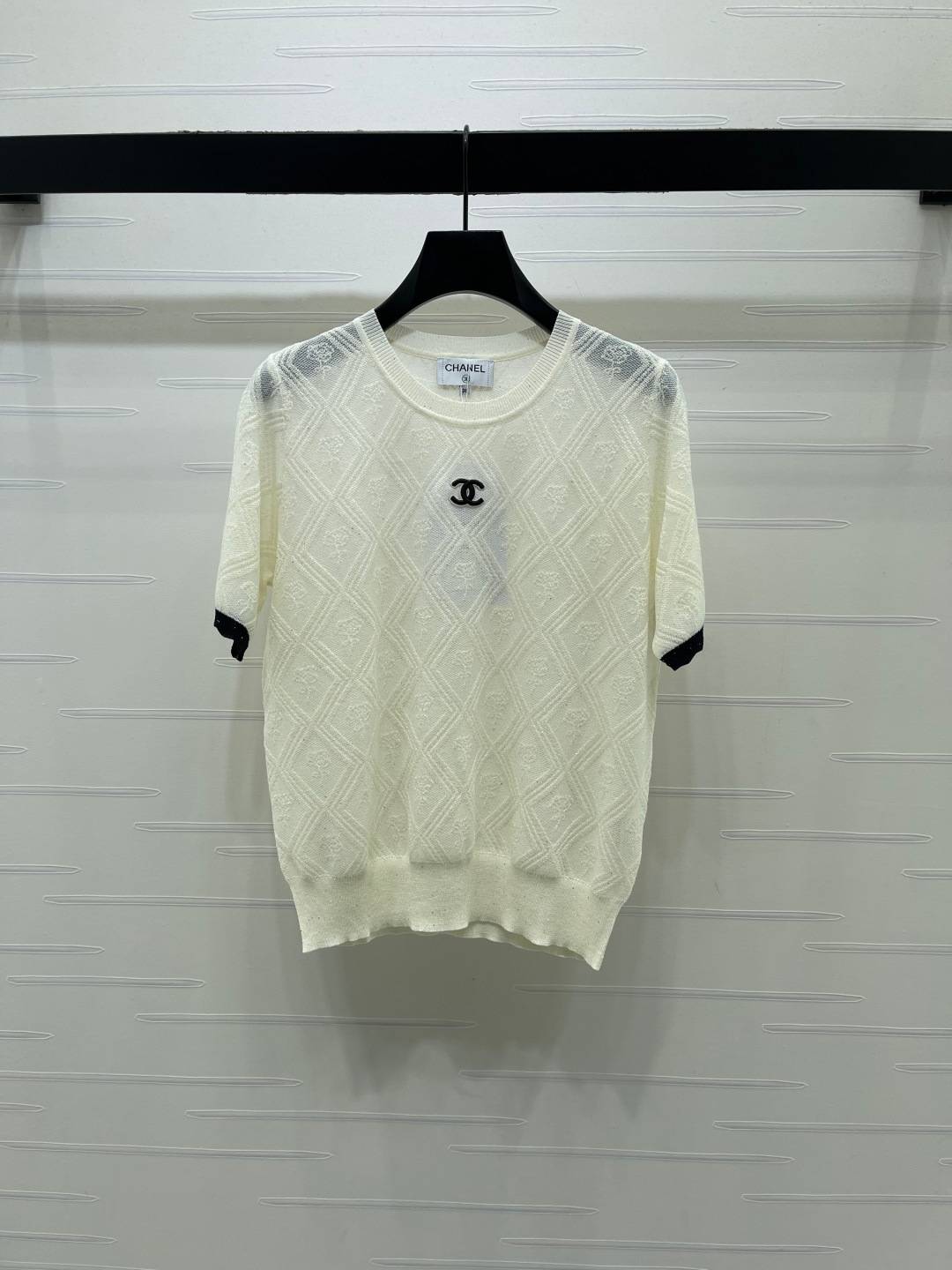 CHANEL シャネル ニット 半袖 クルーネック 刺繍 ローズ クリーム