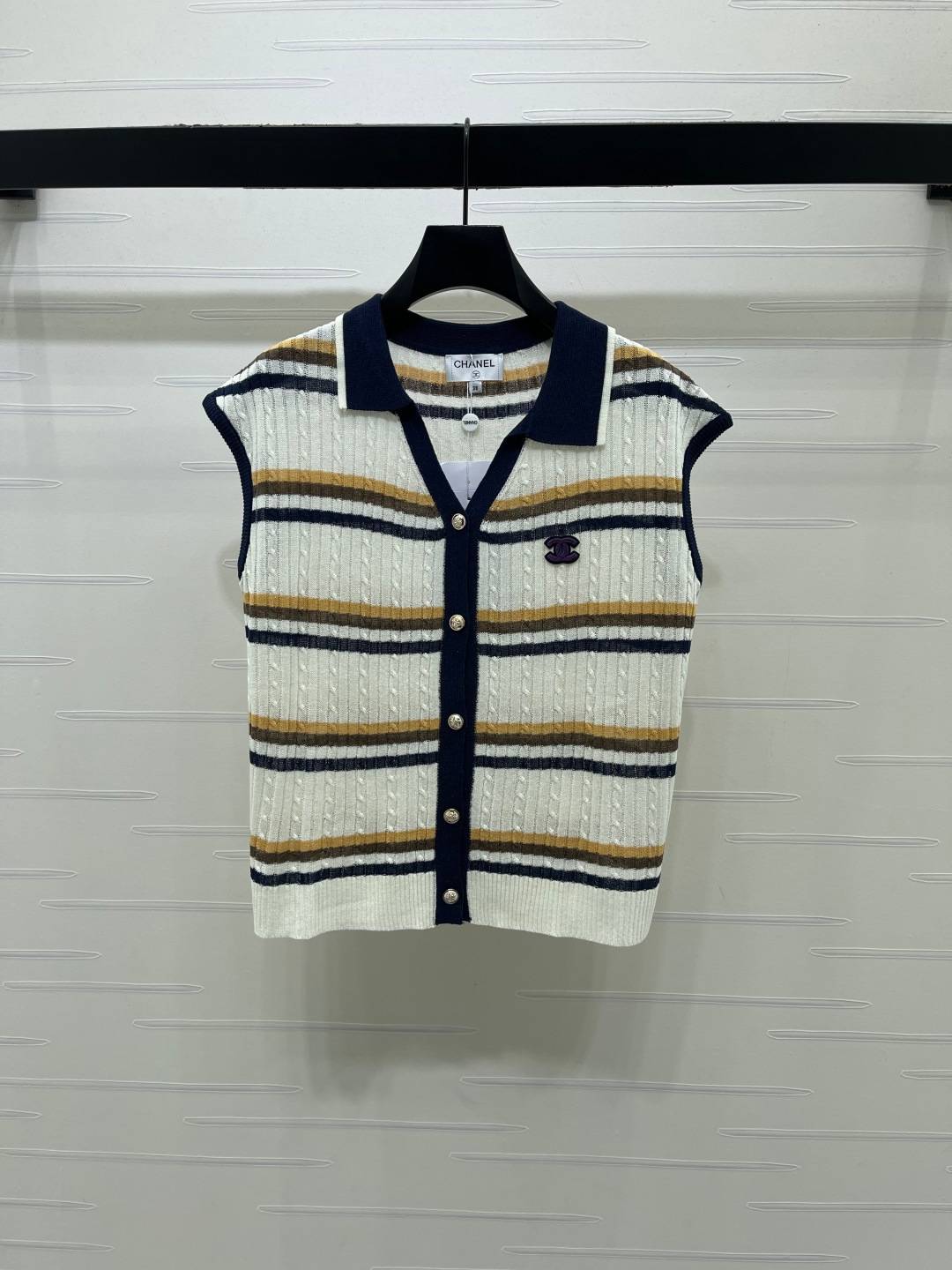 CHANEL シャネル ベスト Vネック 前開き ストライプ ホワイト