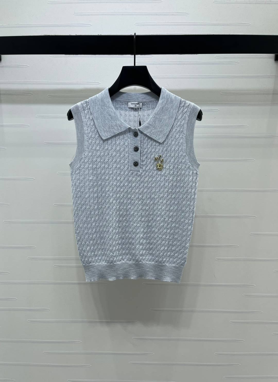 CHANEL シャネル ポロ襟 ニットベスト 前開き レディース ライトブルー