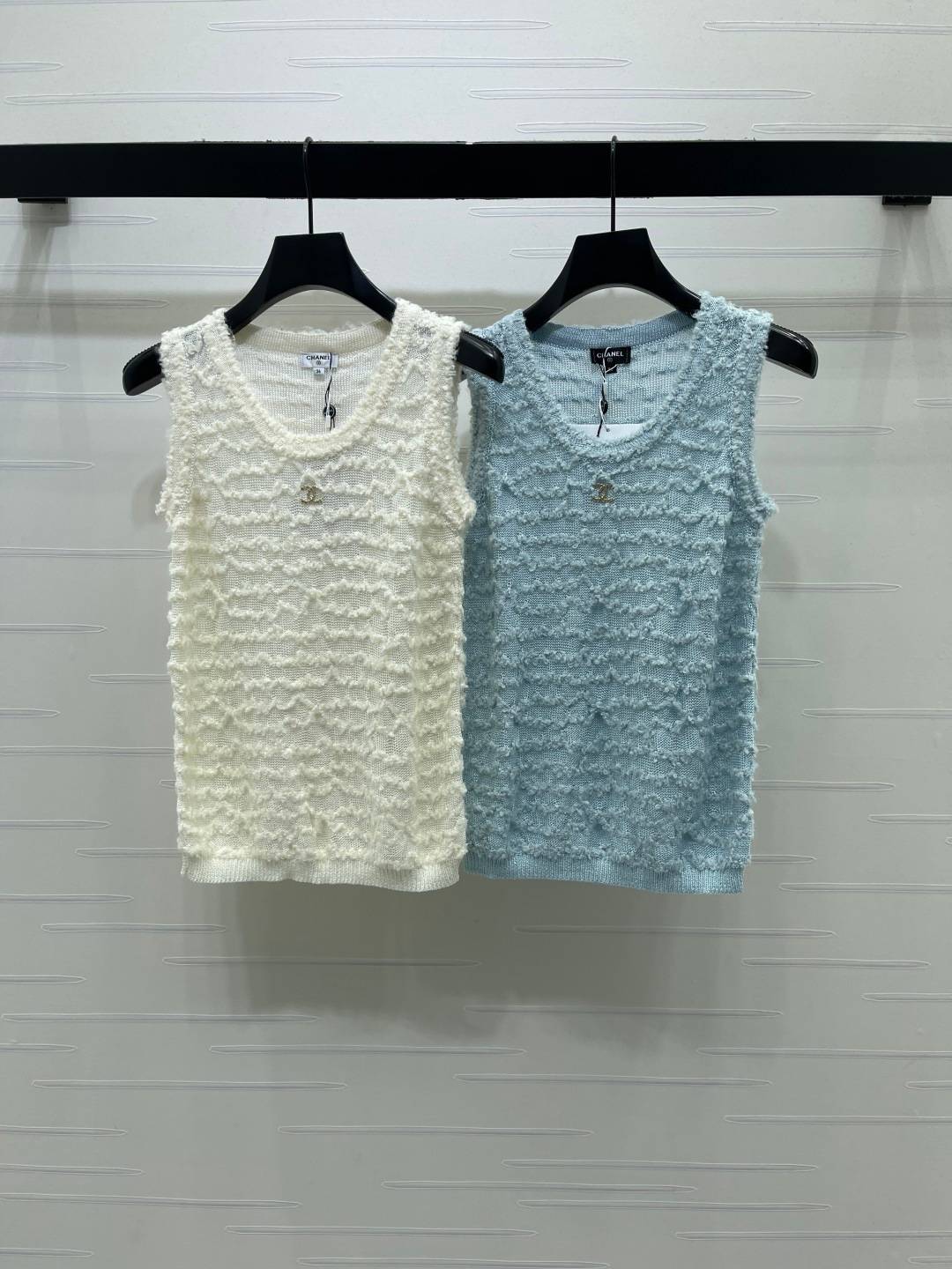 CHANEL シャネル ベスト ノースリーブ クルーネック レイヤード 白 青
