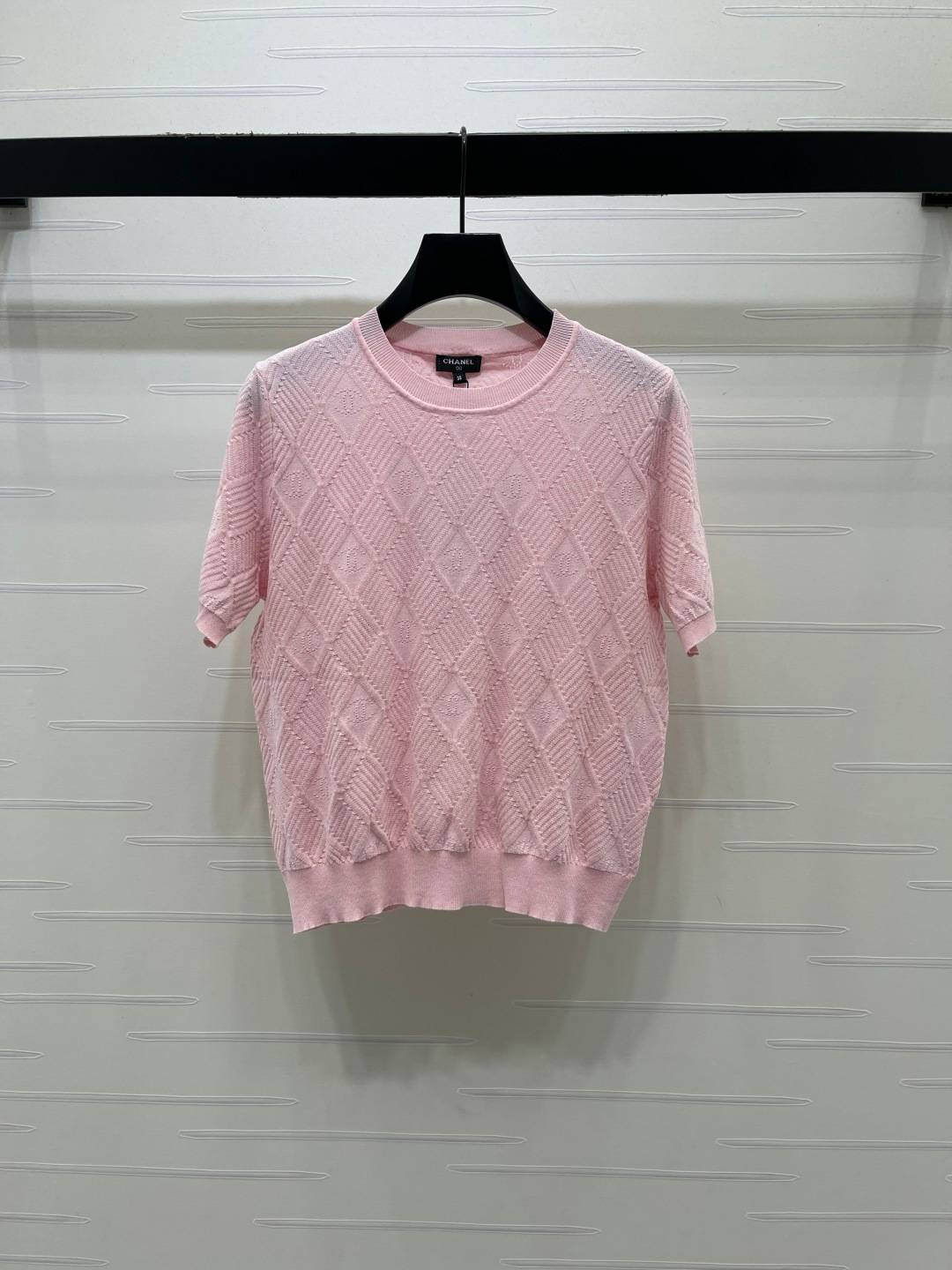 CHANEL シャネル リブニット 半袖 クルーネック 菱形 ピンク