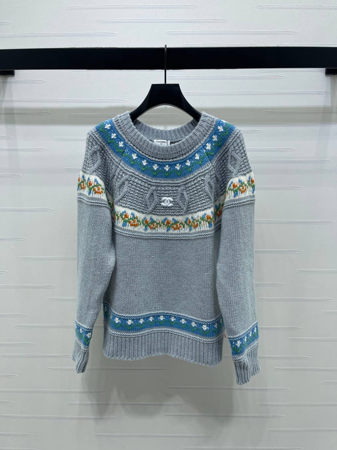 CHANEL シャネル ニット 長袖 クルーネック 花柄 グレー