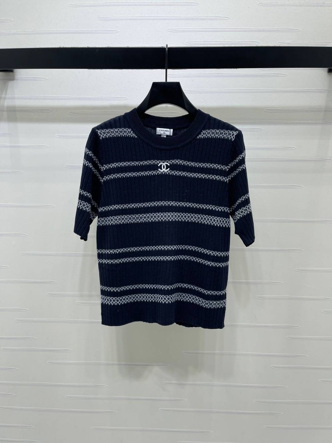 CHANEL シャネル リブニット 半袖 クルーネック ネイビー