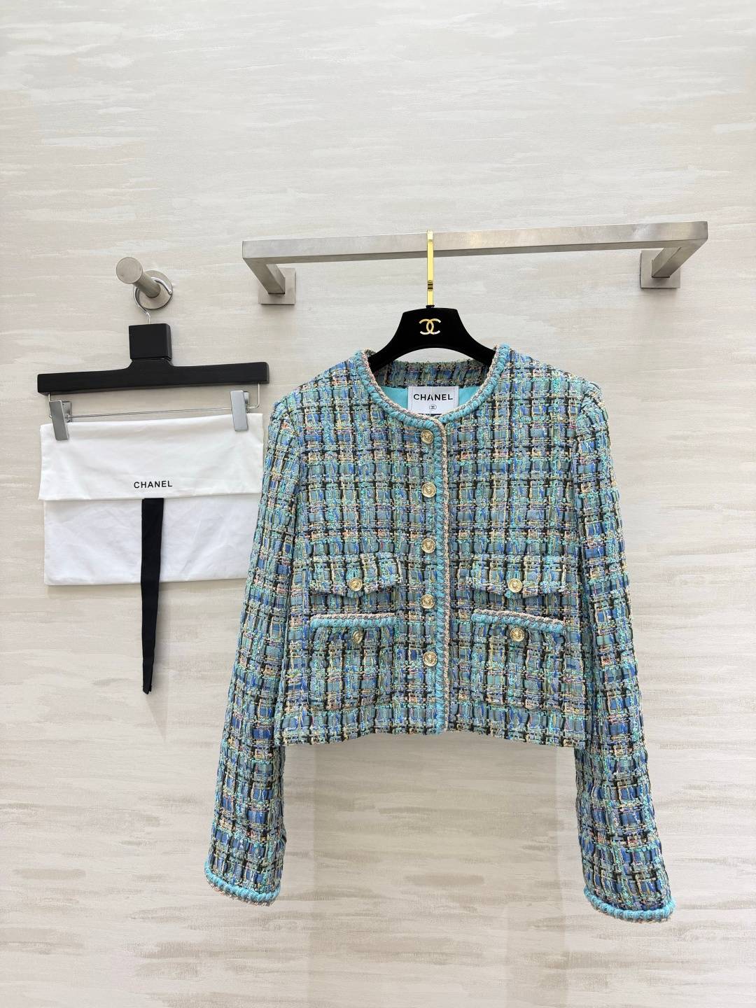 CHANEL シャネル ツイードジャケット ショート丈 レディース ブルーグリーン