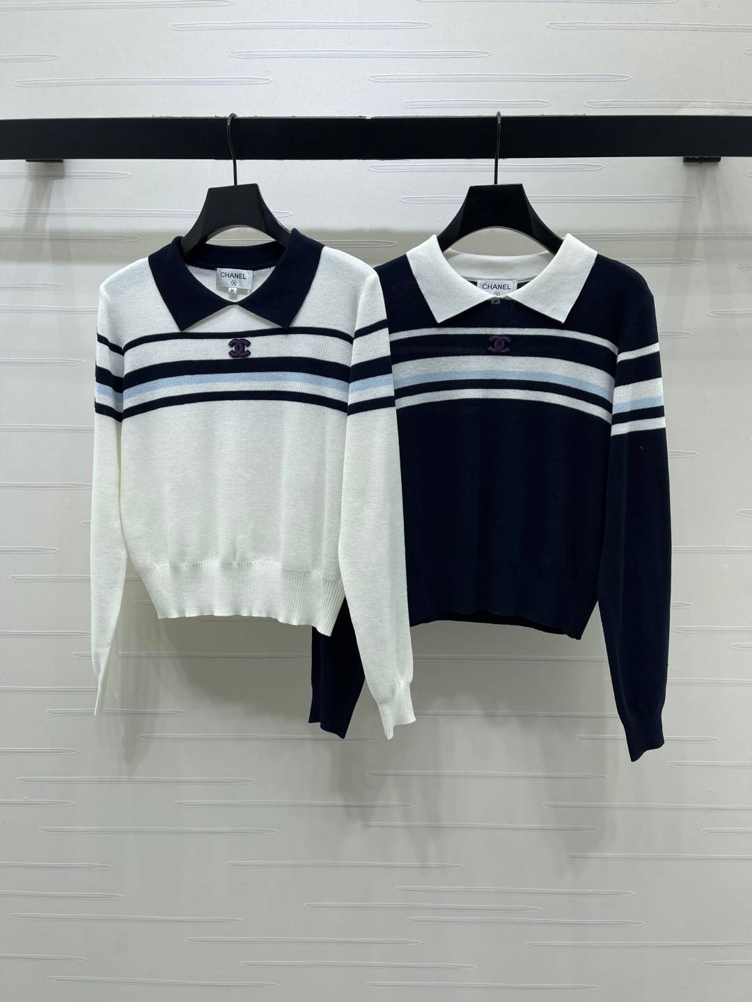 CHANEL シャネル ニット 長袖 ポロネック ストライプ ホワイト ネイビー