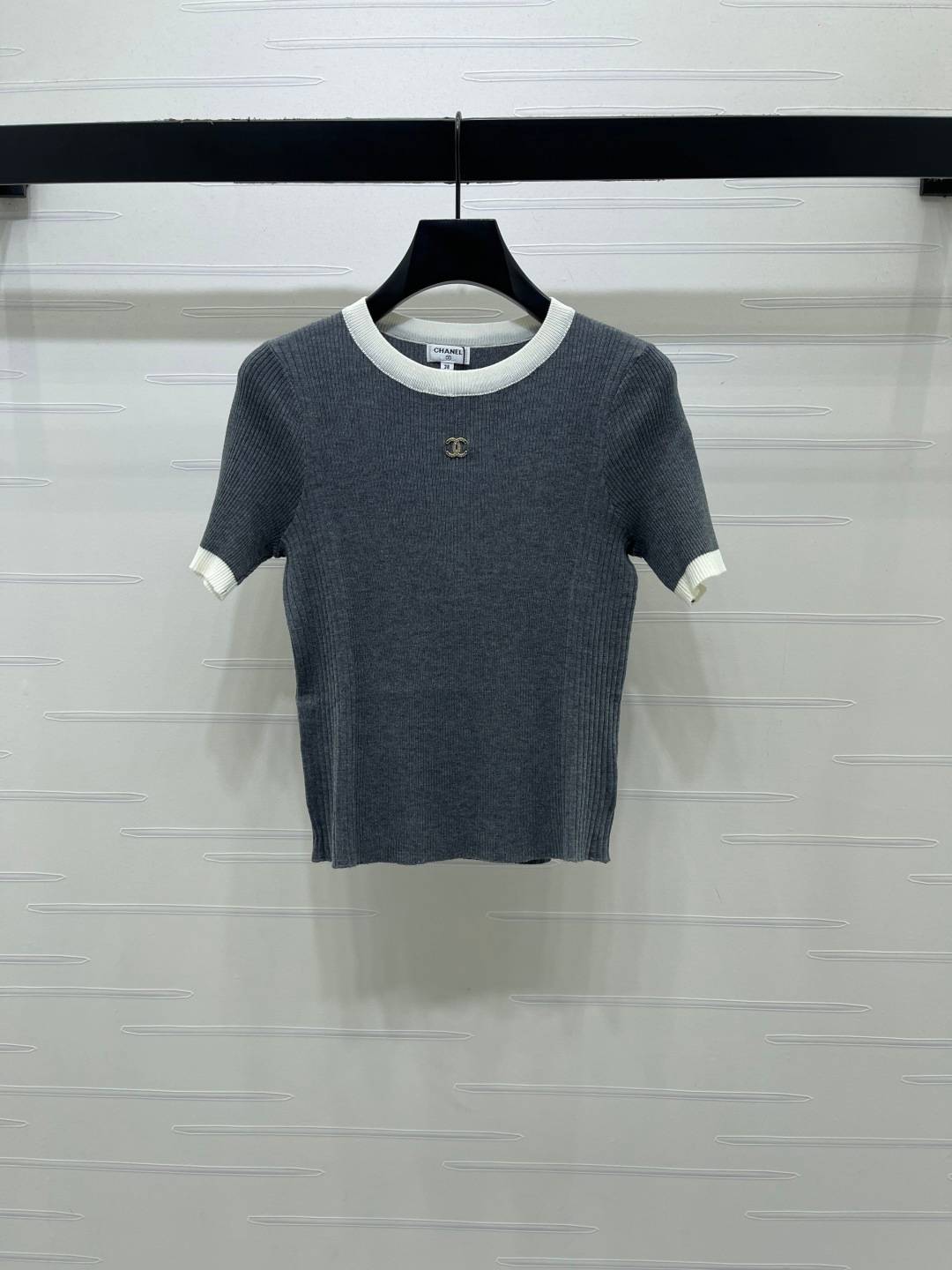 CHANEL シャネル リブニット 半袖 クルーネック レディース グレー