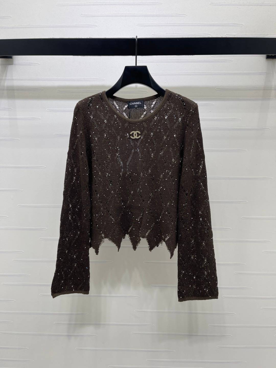 CHANEL シャネル ニット 長袖 クルーネック ショート丈 ブラウン