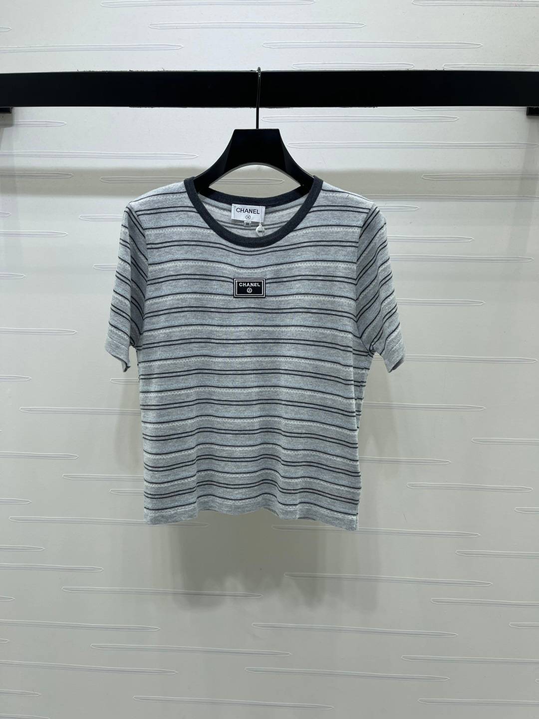 CHANEL シャネル ニット 半袖 クルーネック ストライプ グレー