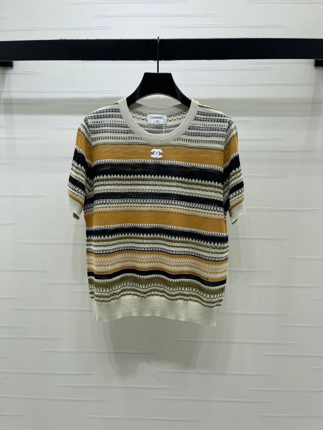 CHANEL シャネル ニット 半袖 クルーネック ストライプ マルチ