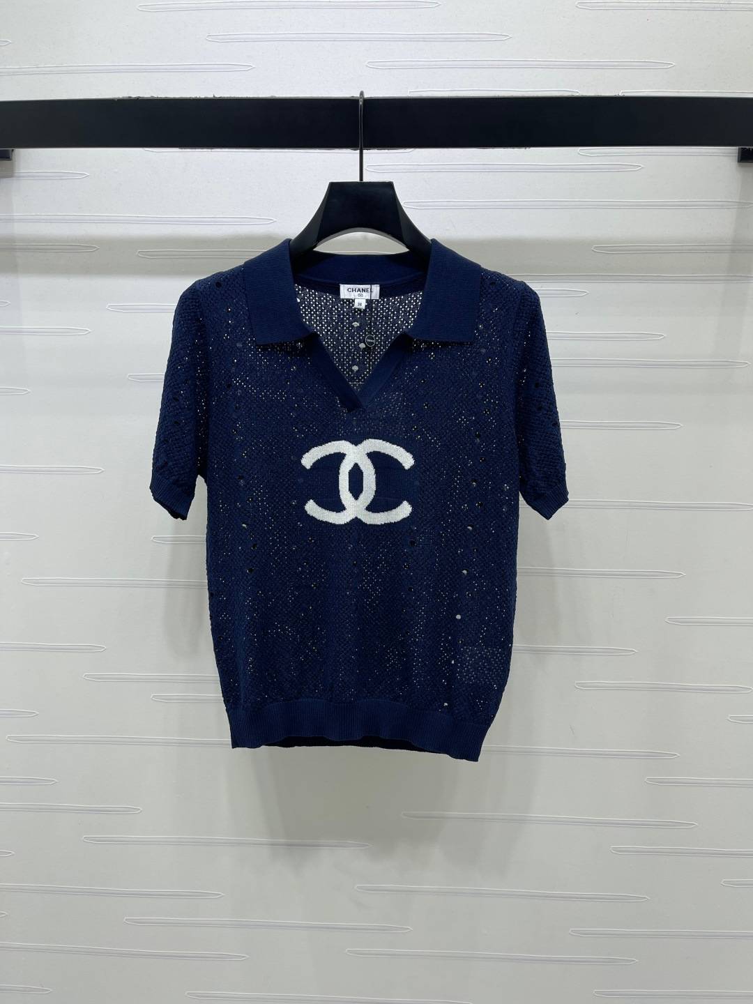 CHANEL シャネル ポロニット 半袖 ロゴ ネイビー