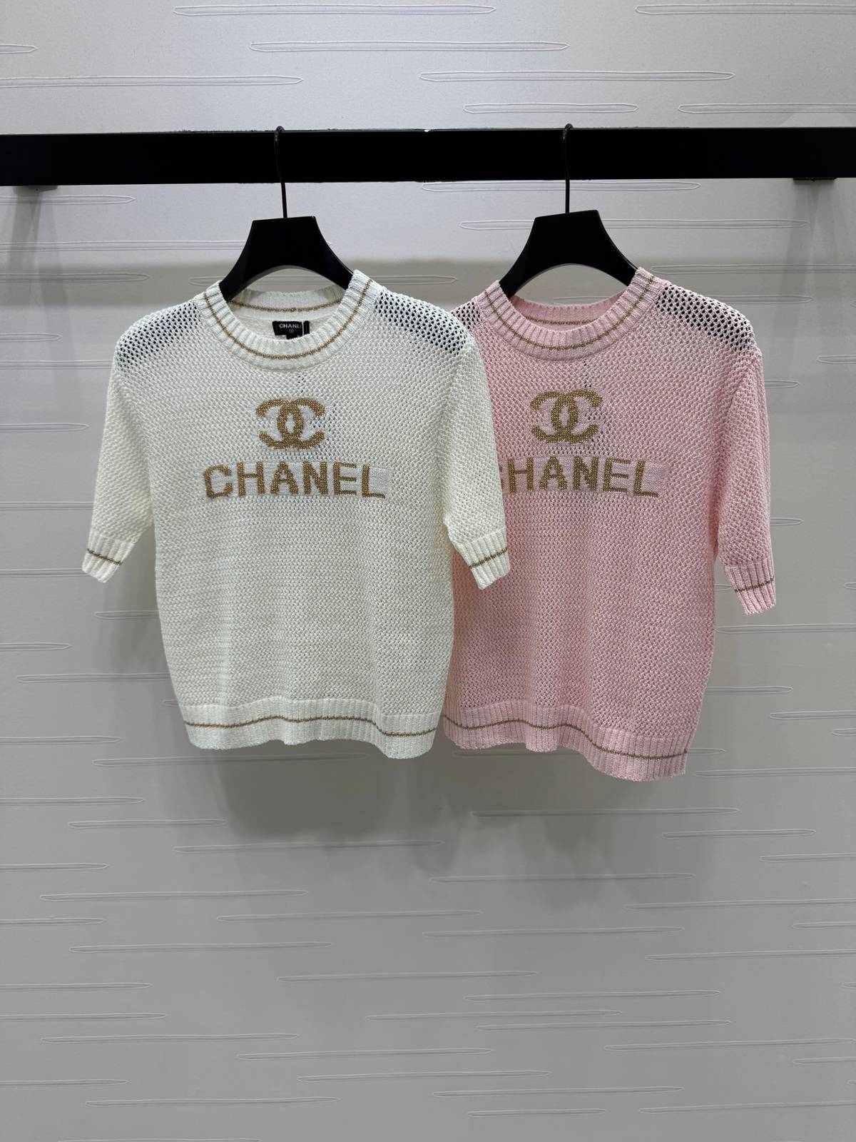 CHANEL シャネル ニット 半袖 クルーネック レディース ホワイト ピンク