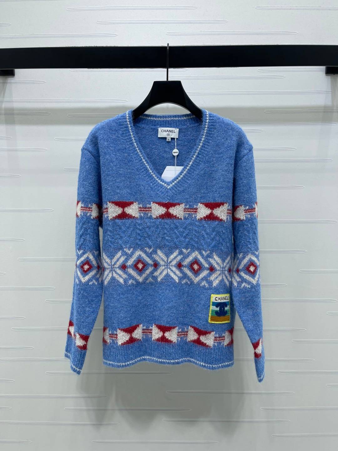 CHANEL シャネル Vネック 長袖 ニットセーター フェアアイル ブルー