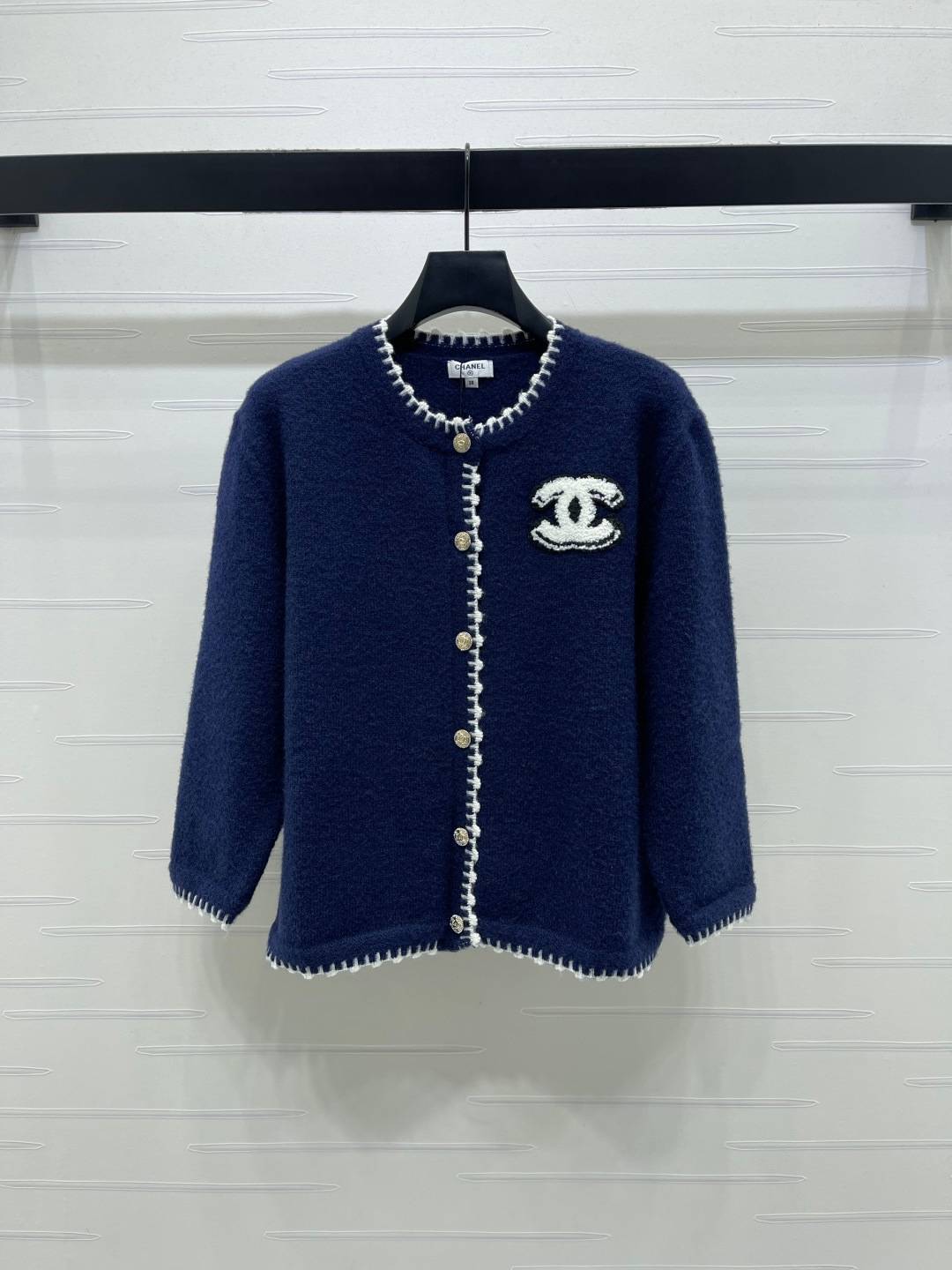 CHANEL シャネル ニットカーディガン 長袖 クルーネック ネイビー