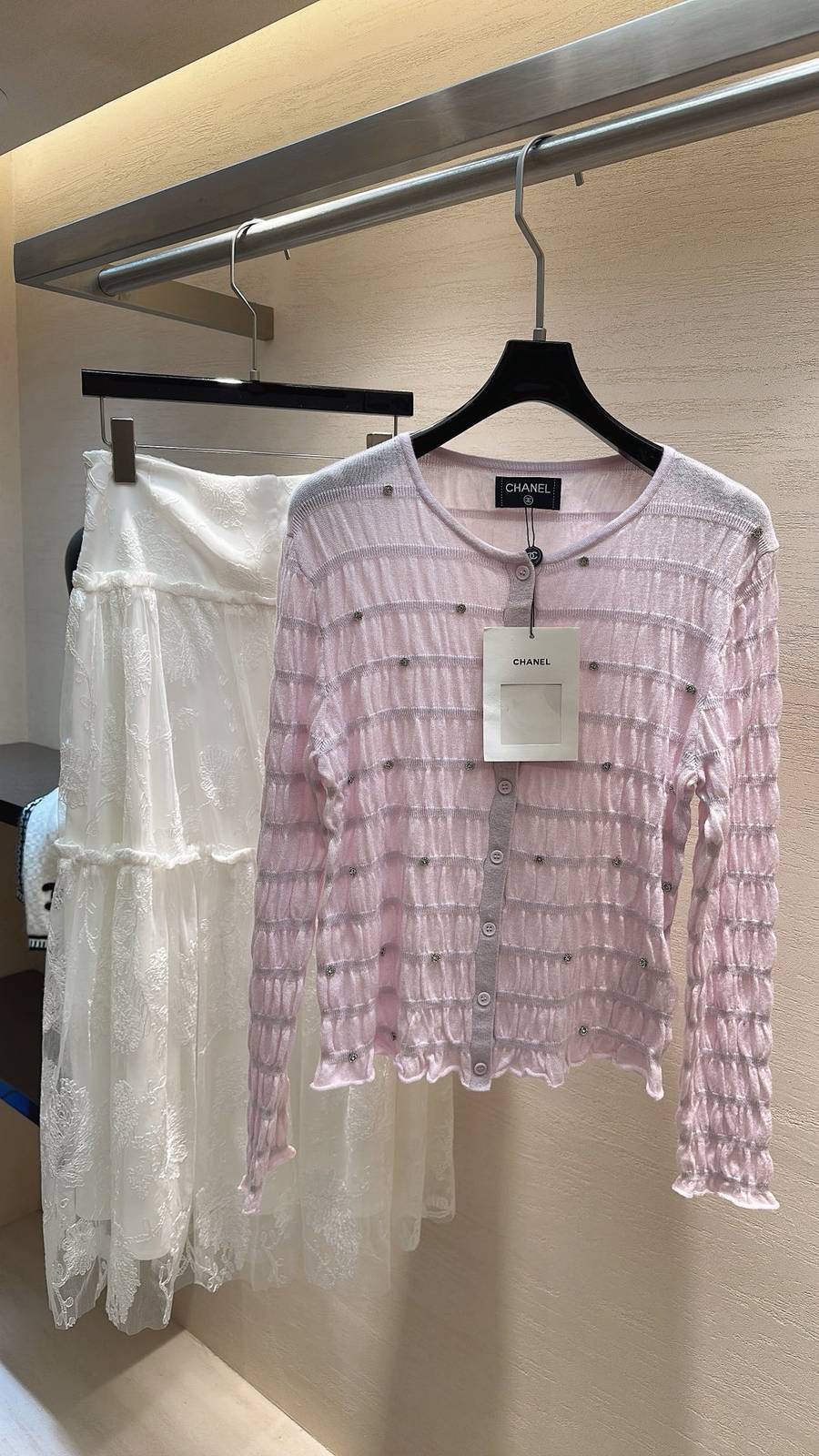 CHANEL シャネル ニットカーディガン 長袖 クルーネック ピンク