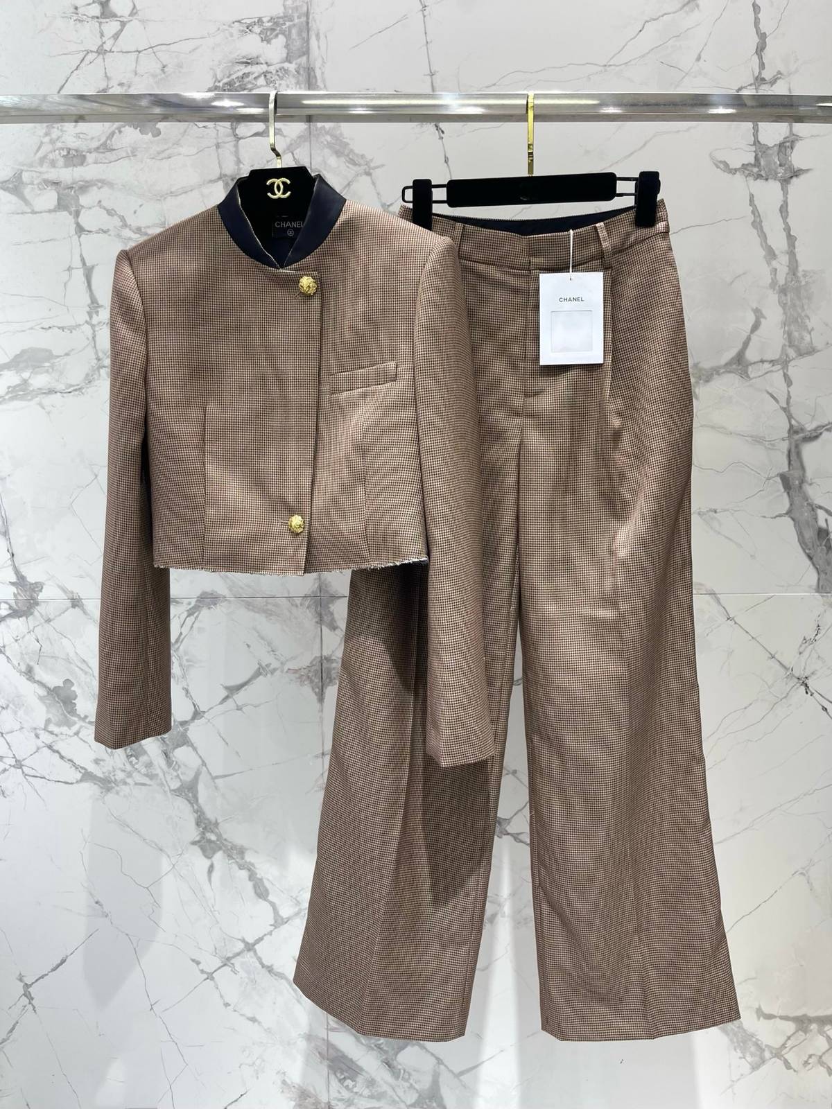 CHANEL シャネル 千鳥格 ワイドパンツ レディース ベージュ