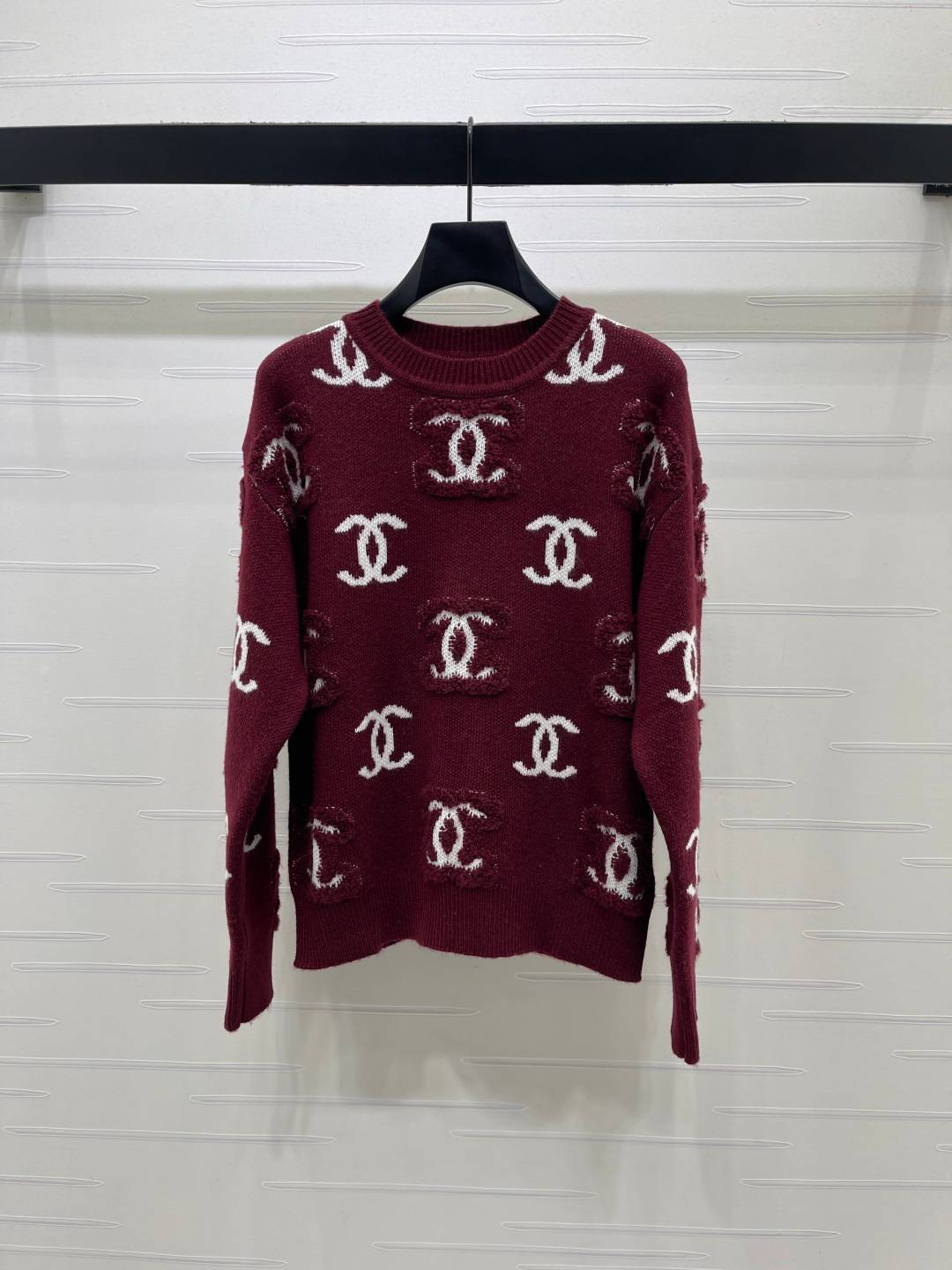 CHANEL シャネル ニットセーター クルーネック 長袖 ロゴ マルーン