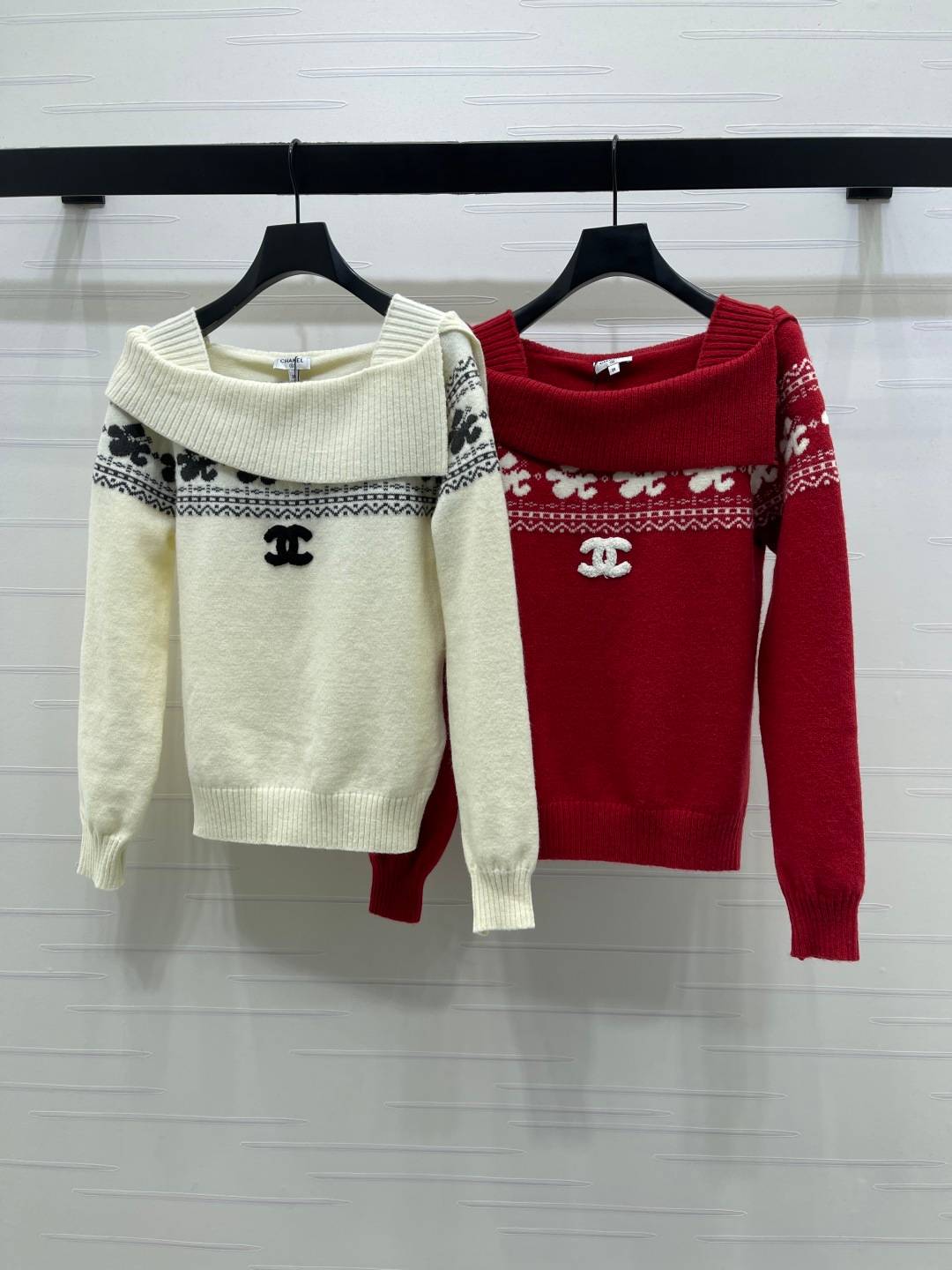 CHANEL シャネル ニットセーター ロゴ フェアアイランド柄 ホワイト レッド