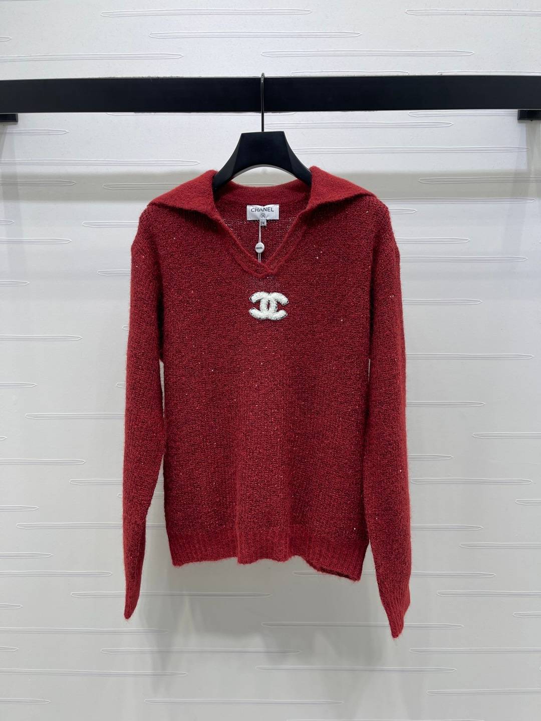 CHANEL シャネル Vネック 長袖 ニットセーター ロゴ レッド