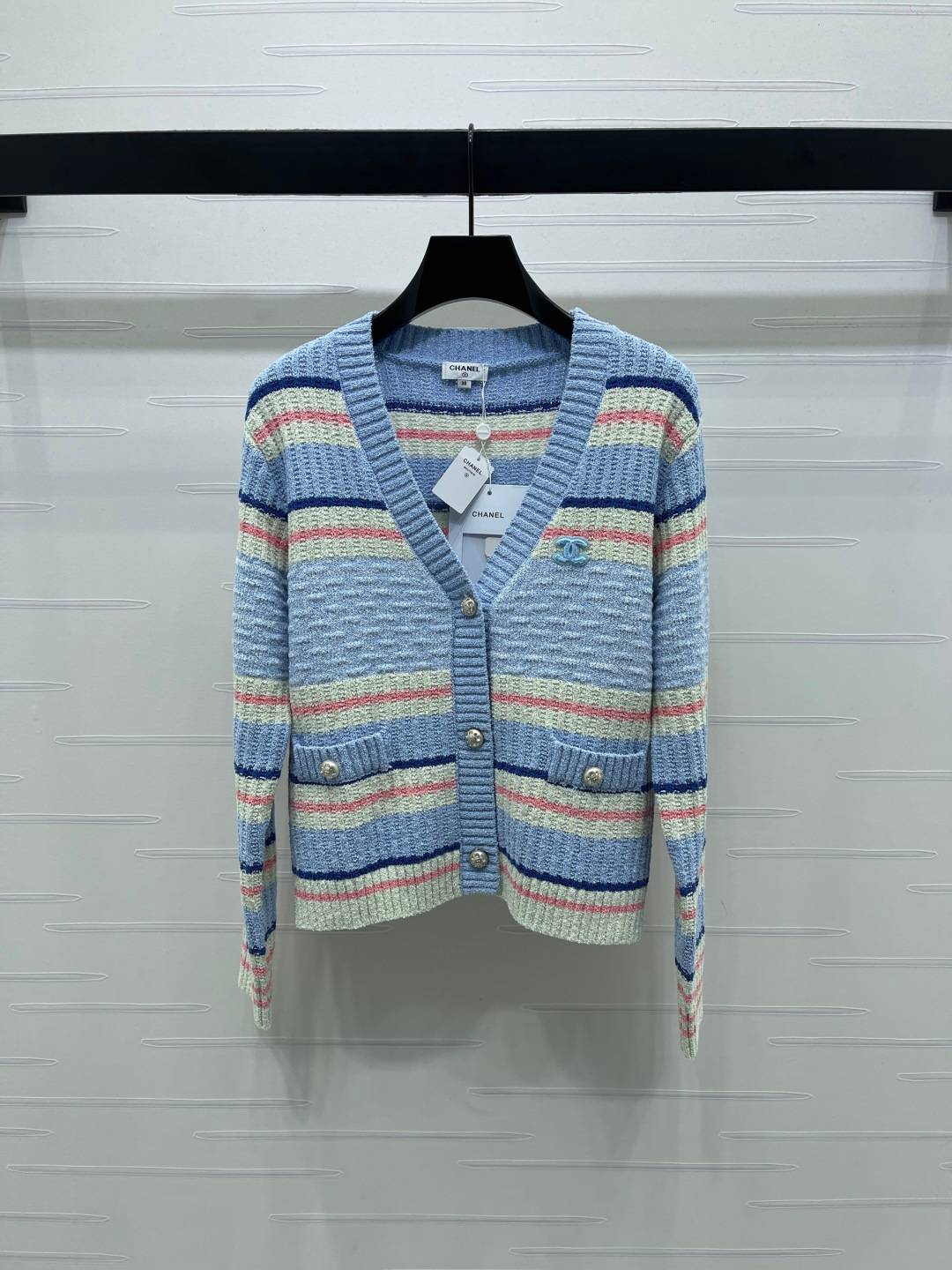 CHANEL シャネル ニットカーディガン Vネック 長袖 ブルー