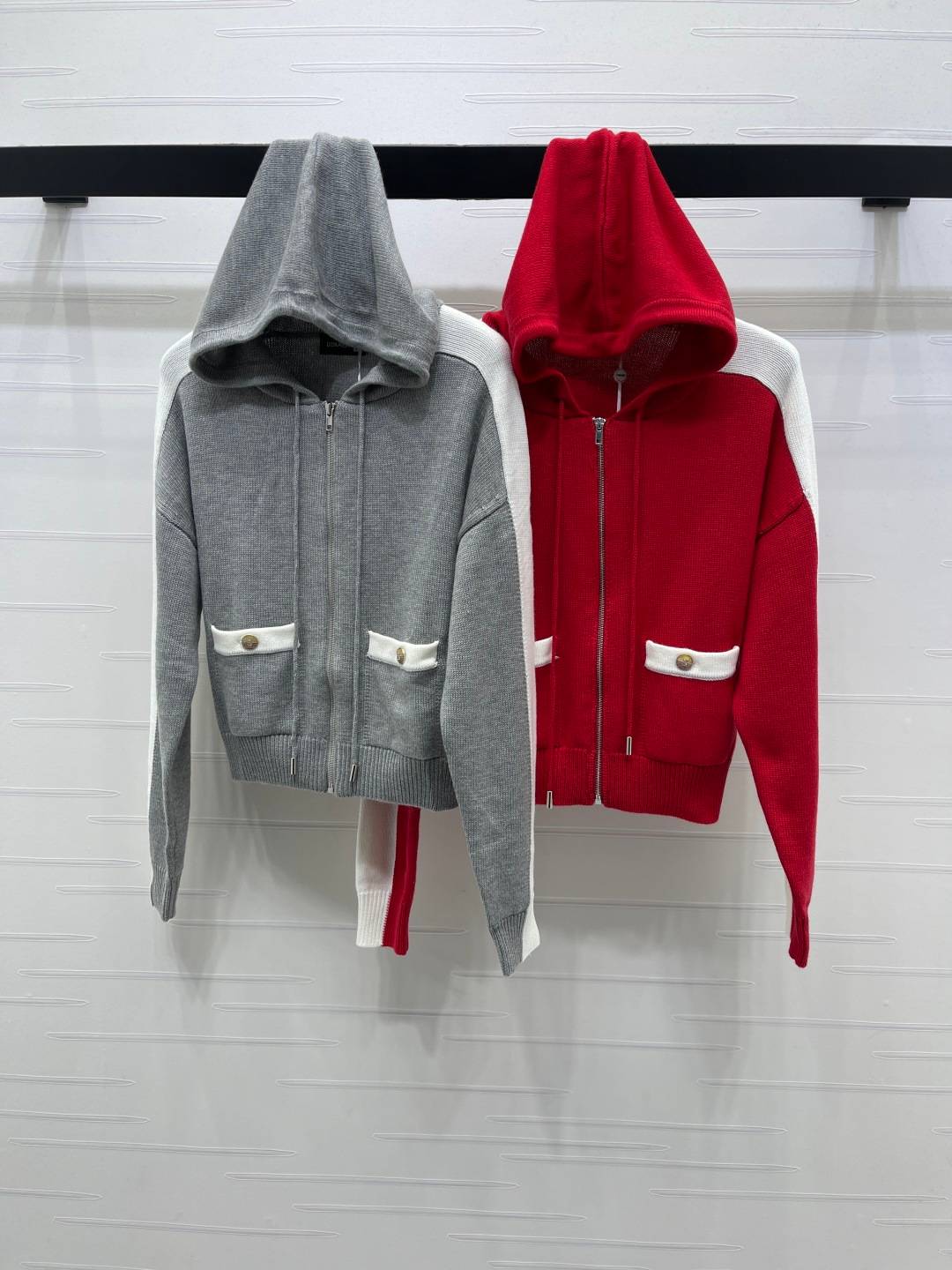 CHANEL シャネル 連帽ニットジャケット 長袖 リブニット ブラック レッド