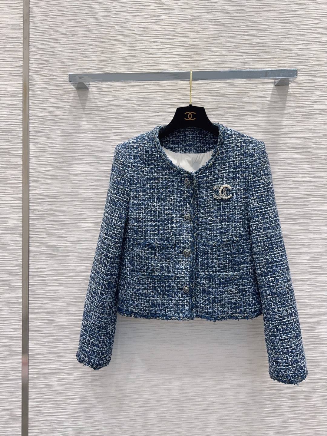 CHANEL シャネル ツイードジャケット ノーカラー レディース ブルー