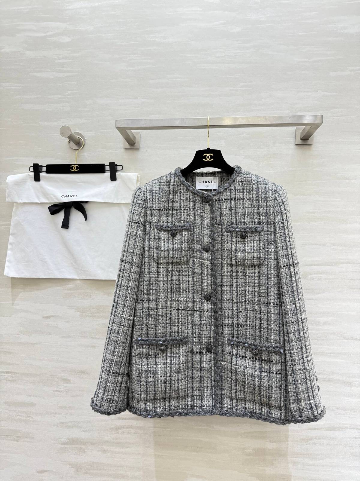 CHANEL シャネル ツイードジャケット テーラード ノーカラー グレー