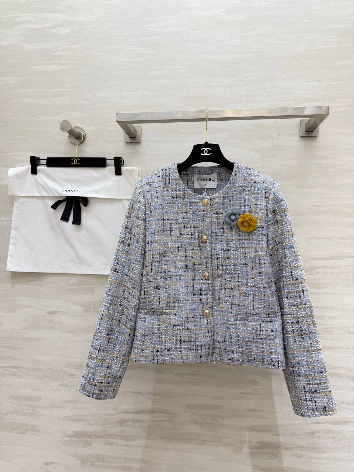 CHANEL シャネル ツイードジャケット ショート丈 ノーカラー