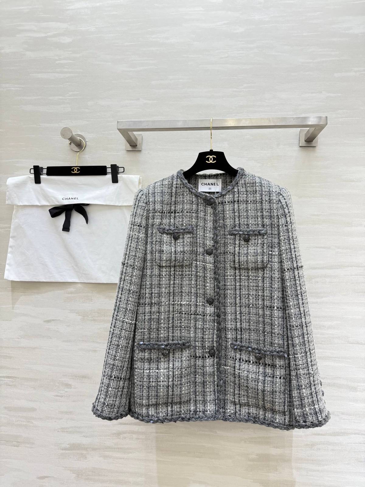 CHANEL シャネル ツイードジャケット レディース ノーカラー グレー