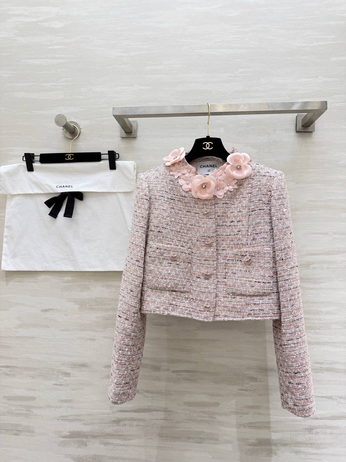 CHANEL シャネル ツイードジャケット ショート丈 ノーカラー ピンク