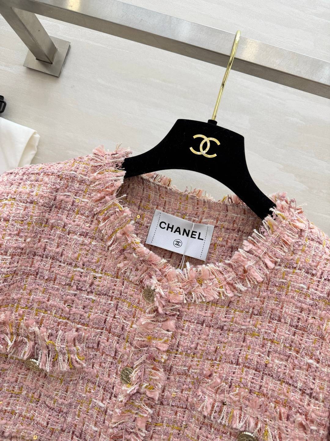 CHANEL シャネル ツイードジャケット ノーカラー ショート丈 ピンク