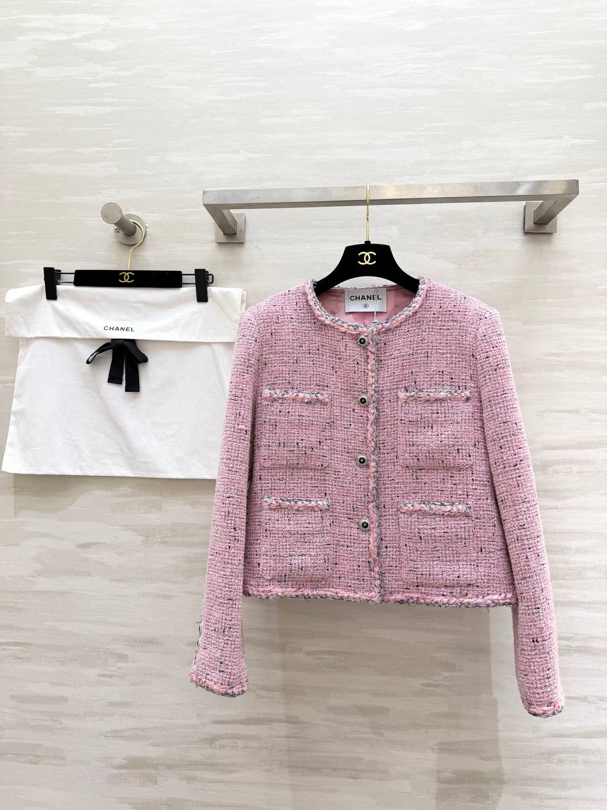 CHANEL シャネル ツイードジャケット ノーカラー 混色 桜色