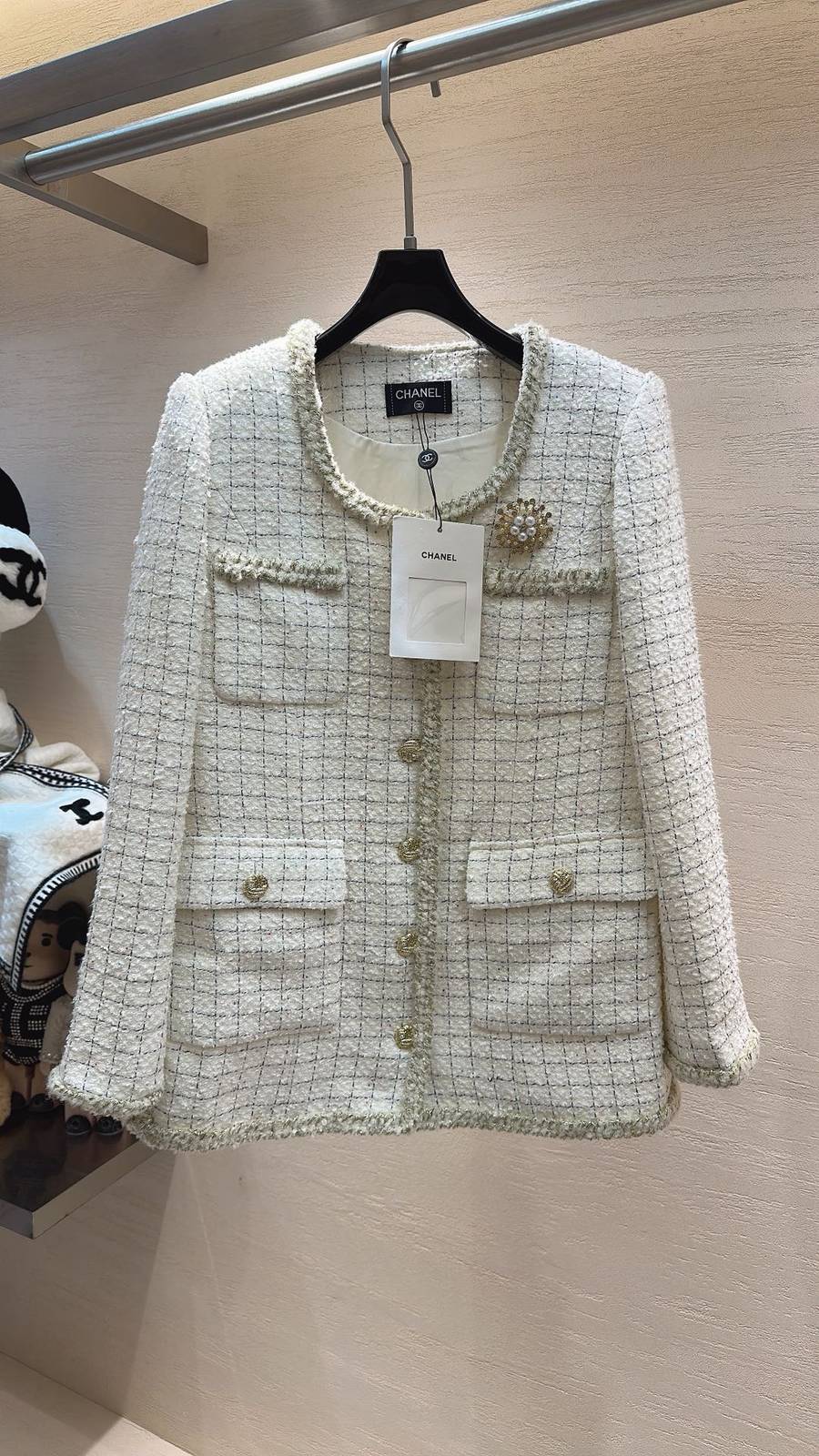 CHANEL シャネル ツイードジャケット レディース ノーカラー ショート丈 米白