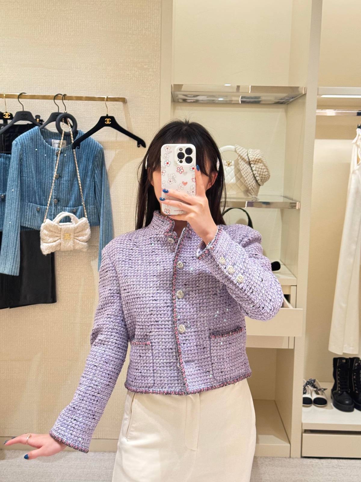 CHANEL シャネル ツイードジャケット ショート丈 レディース 紫