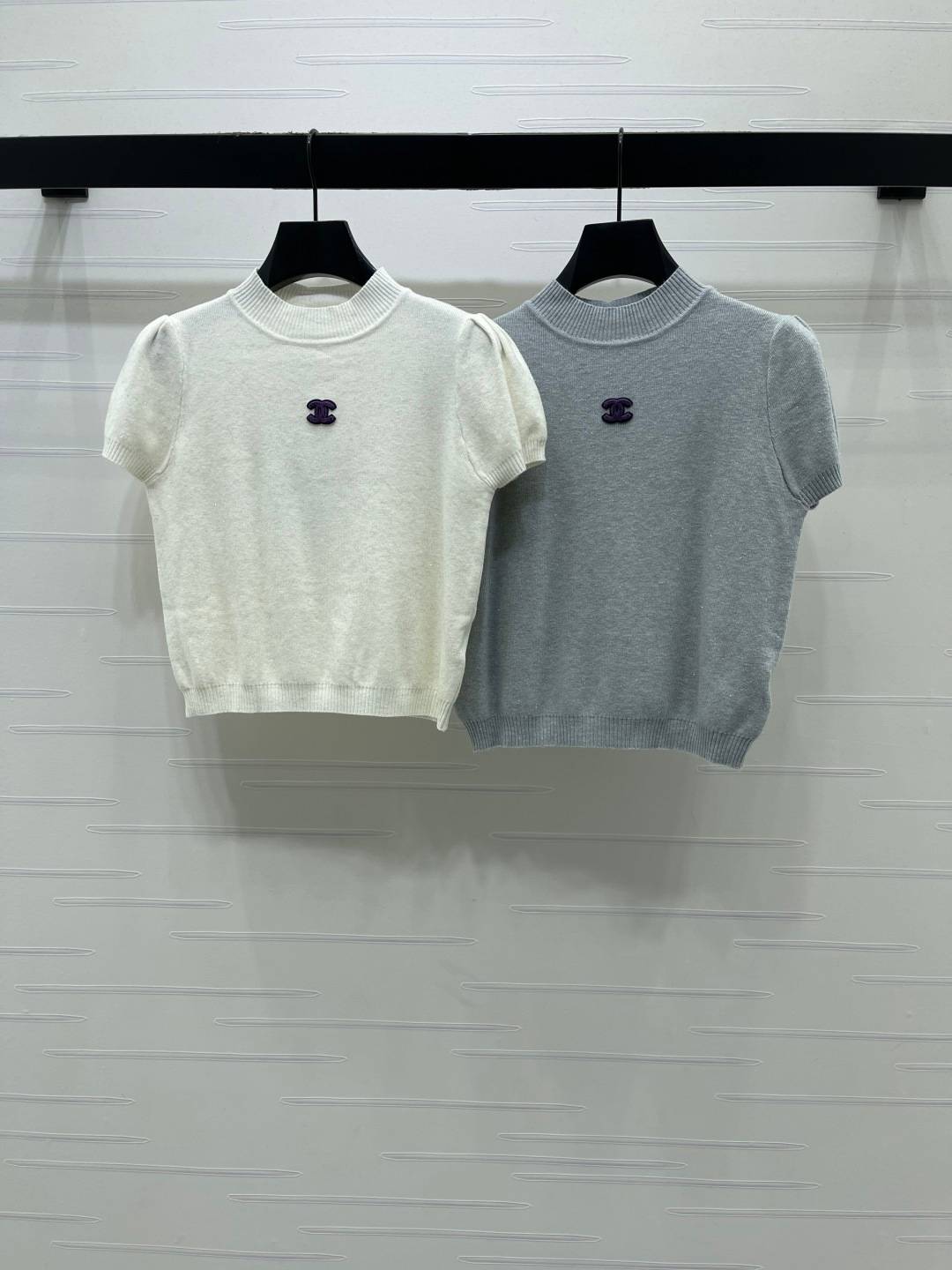 CHANEL シャネル リブニット 半袖 クルーネック ブラック ベージュ