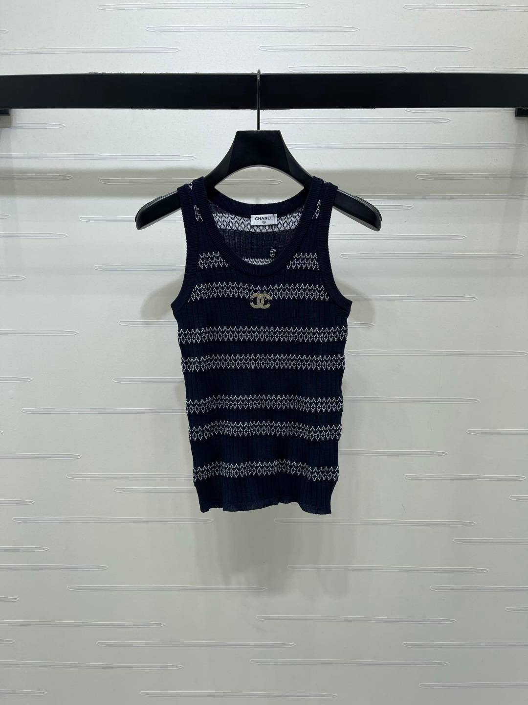 CHANEL シャネル ニットベスト クルーネック リブニット ブルー