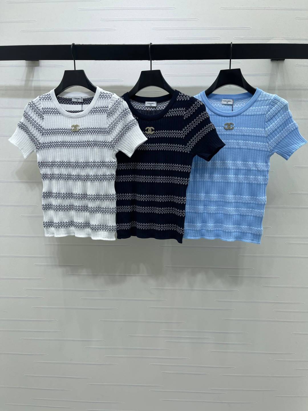 CHANEL シャネル ニット 半袖 クルーネック 上品 白 ネイビー ライトブルー