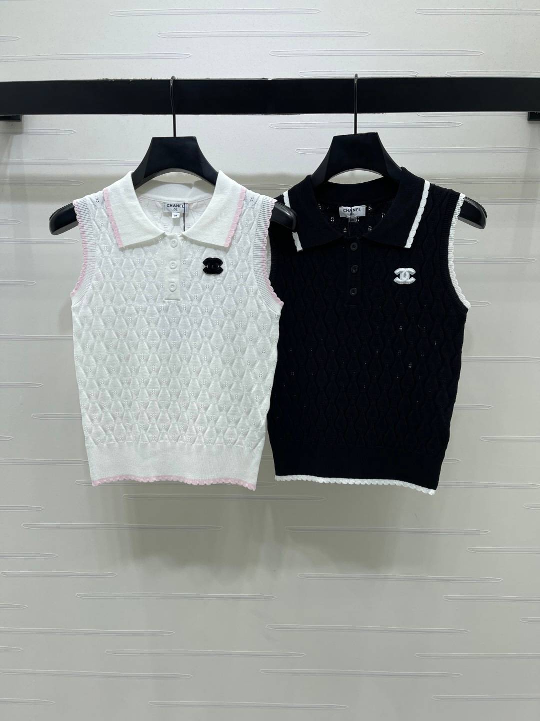 CHANEL シャネル ニットカーディガン ポロネック ボタン レディース ホワイト ブラック