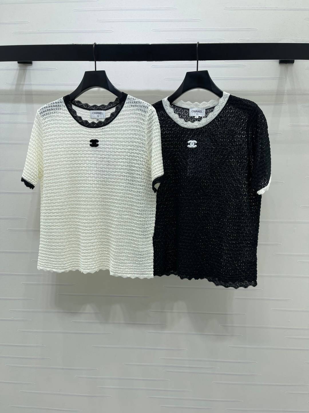 CHANEL シャネル ニット 半袖 クルーネック レース ホワイト ブラック