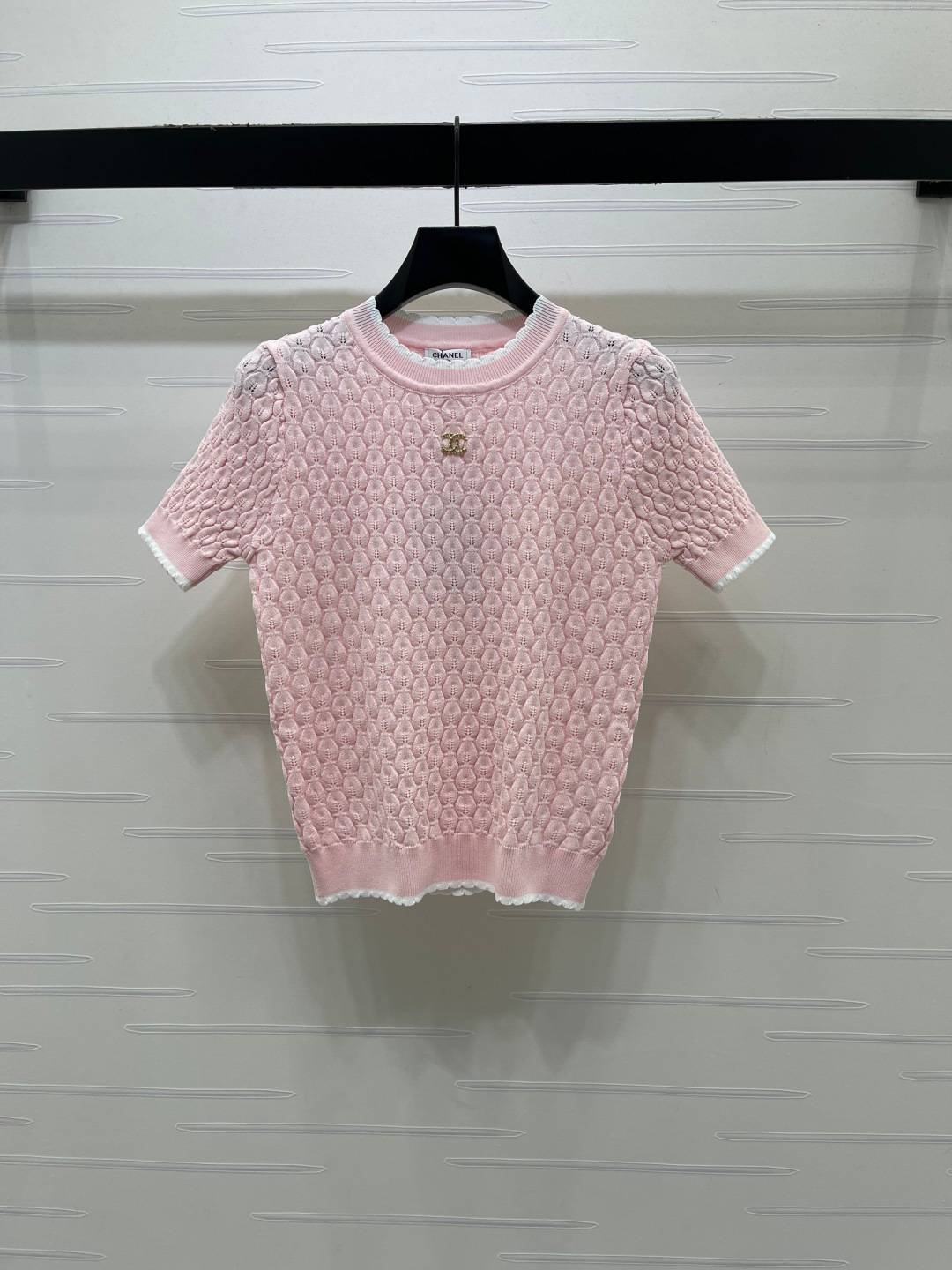 CHANEL シャネル ニット クルーネック レーストリム 半袖 ピンク