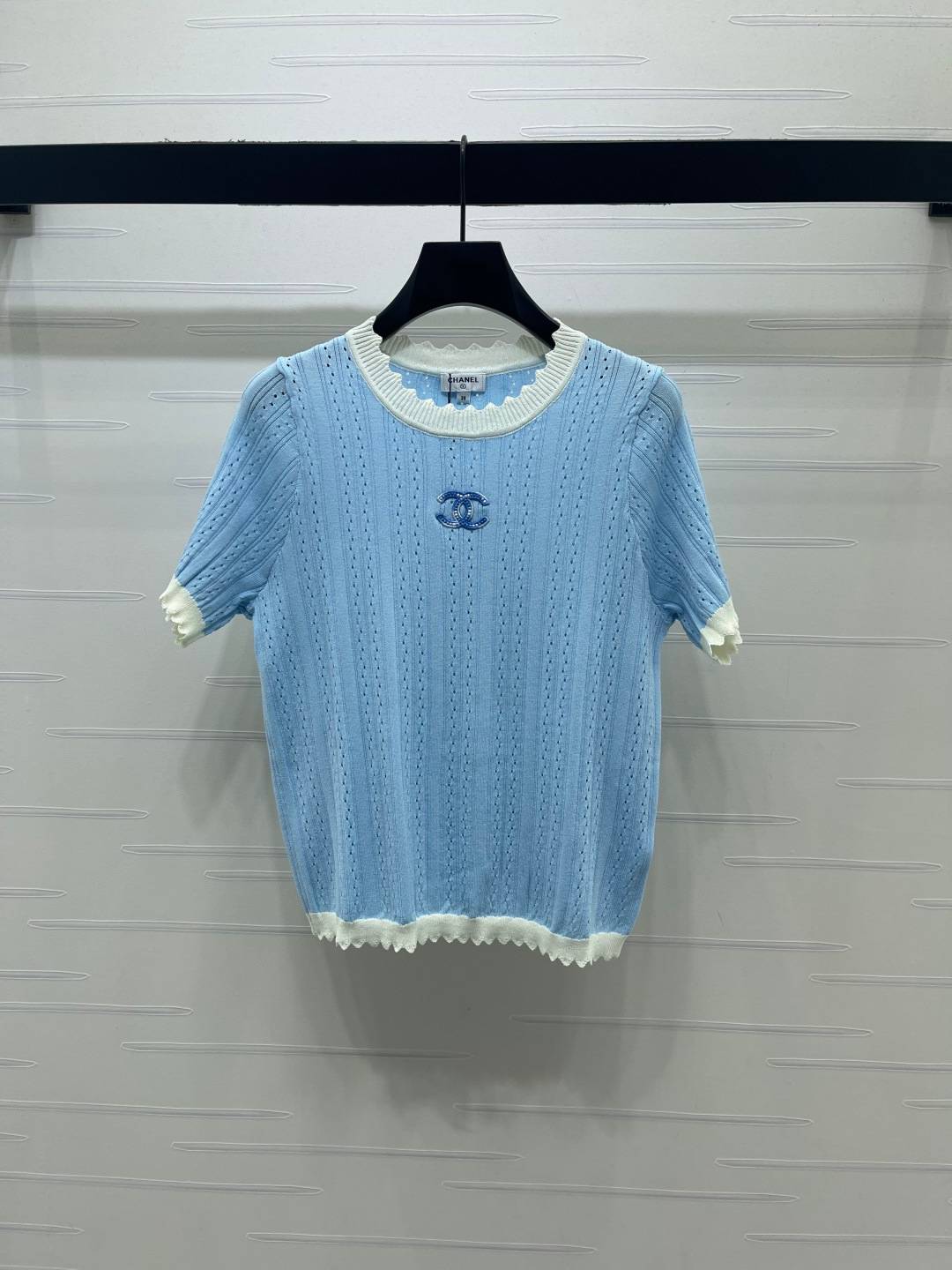 CHANEL シャネル ニットトップス 半袖 クルーネック 透かし編み ブルー