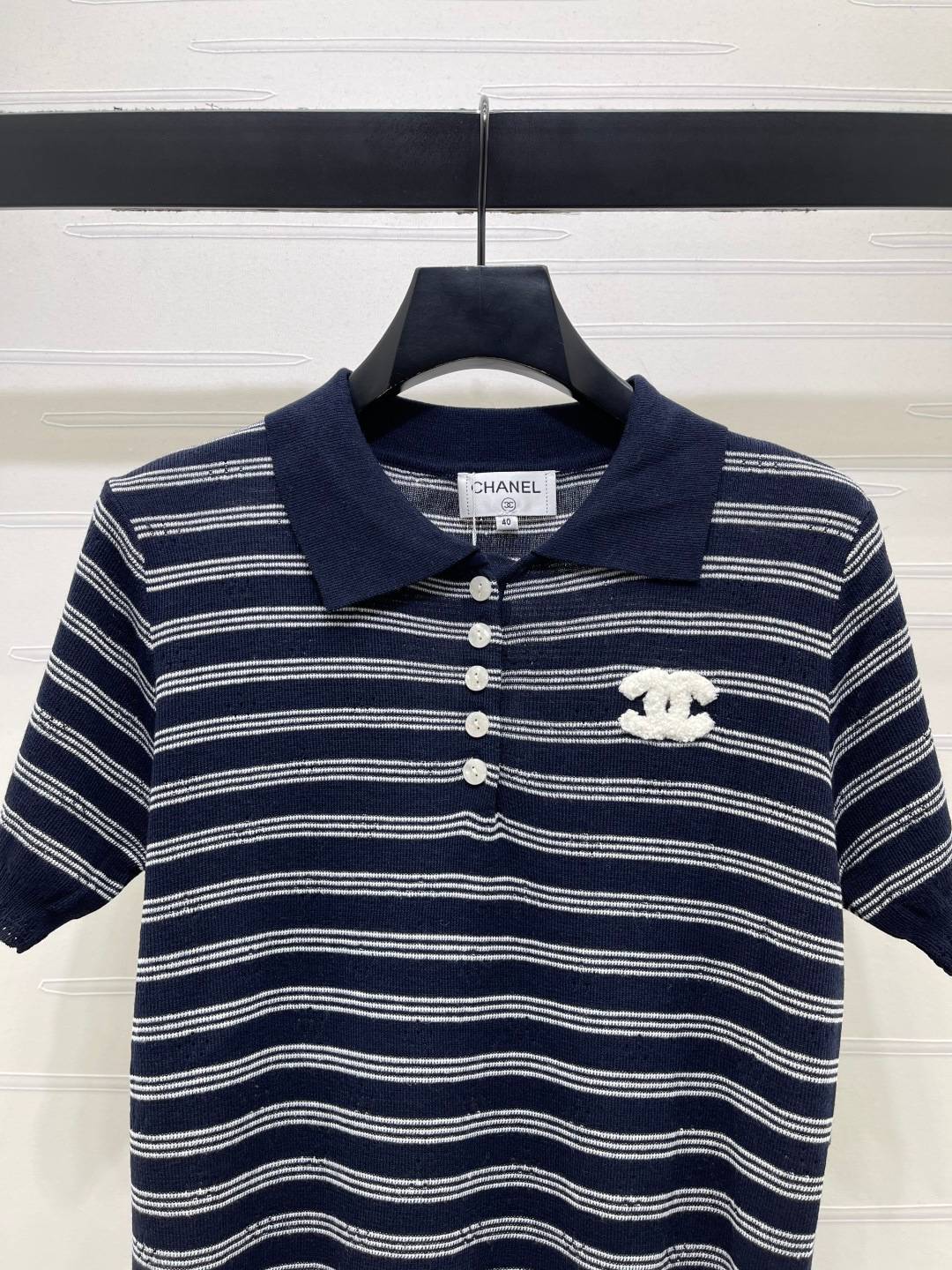 CHANEL シャネル ニットポロ 半袖 ボタン ストライプ ネイビー