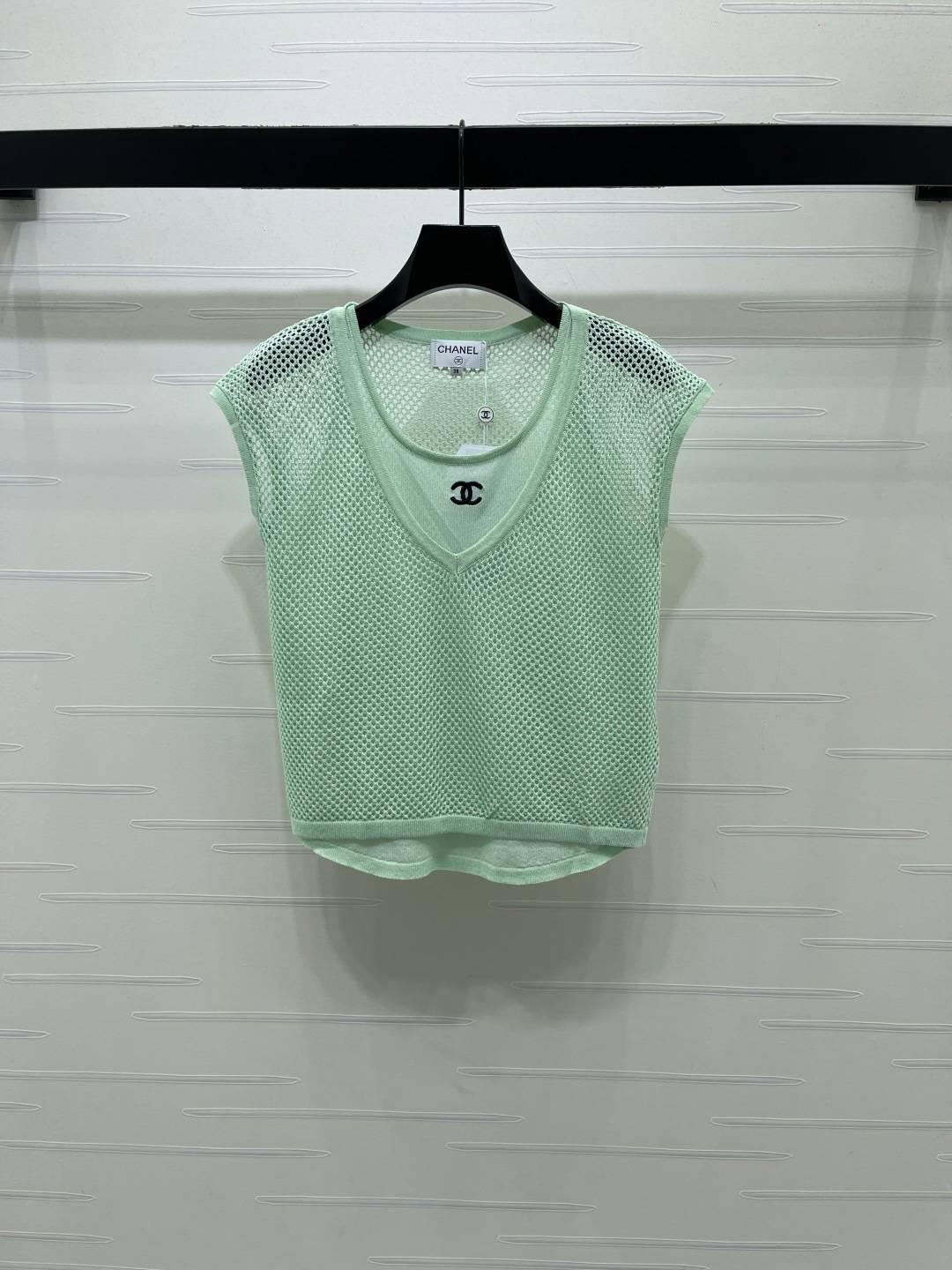 CHANEL シャネル ニットベスト Vネック メッシュ シルクウール ミントグリーン