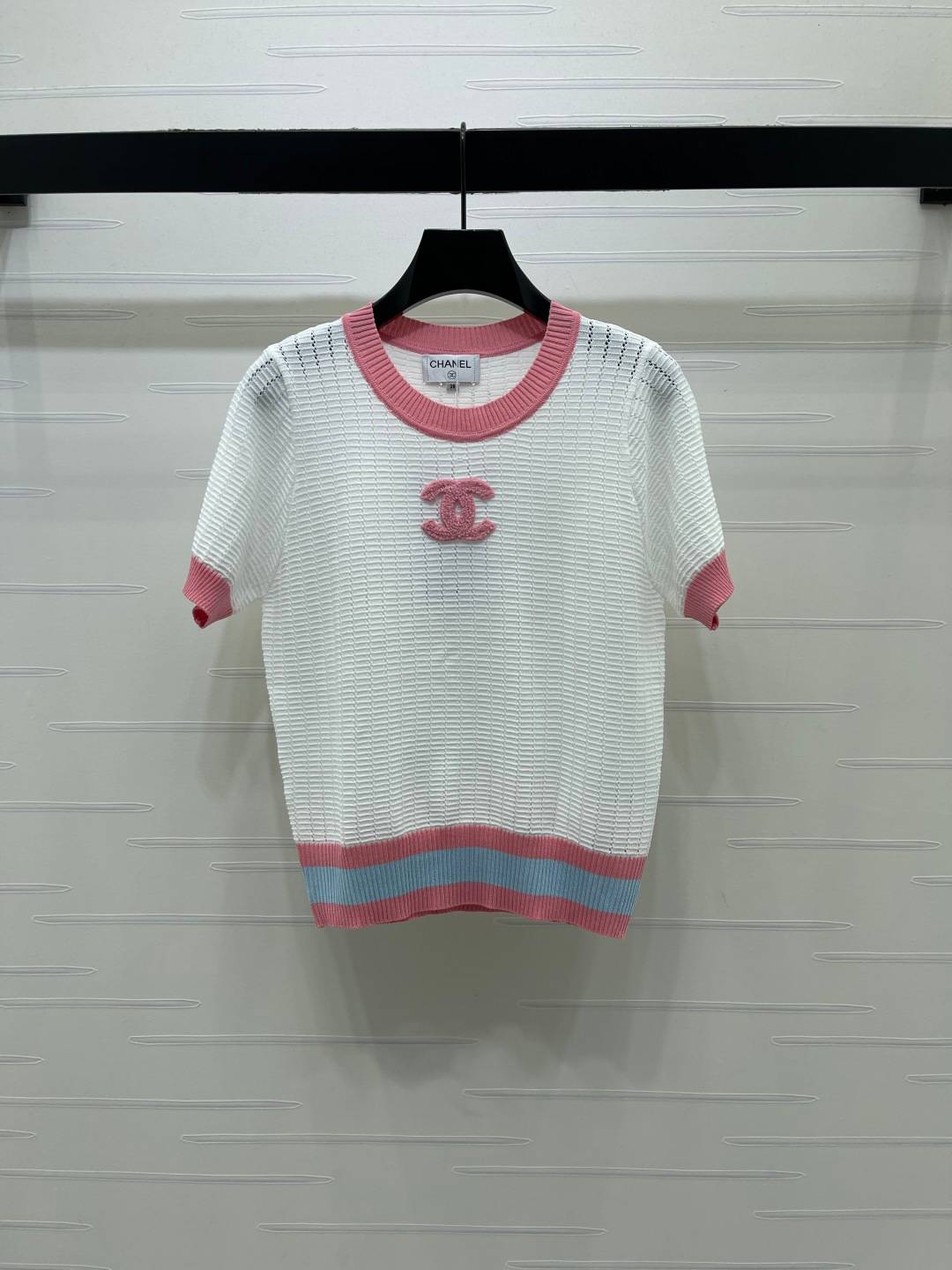 CHANEL シャネル ニットカーディガン 半袖 クルーネック ピンク