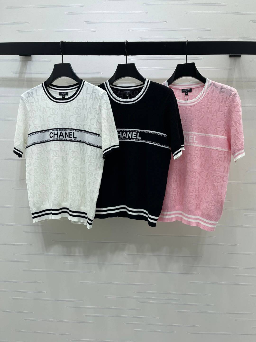 CHANEL シャネル 半袖ニット クルーネック ロゴ 夏 白 黒 ピンク