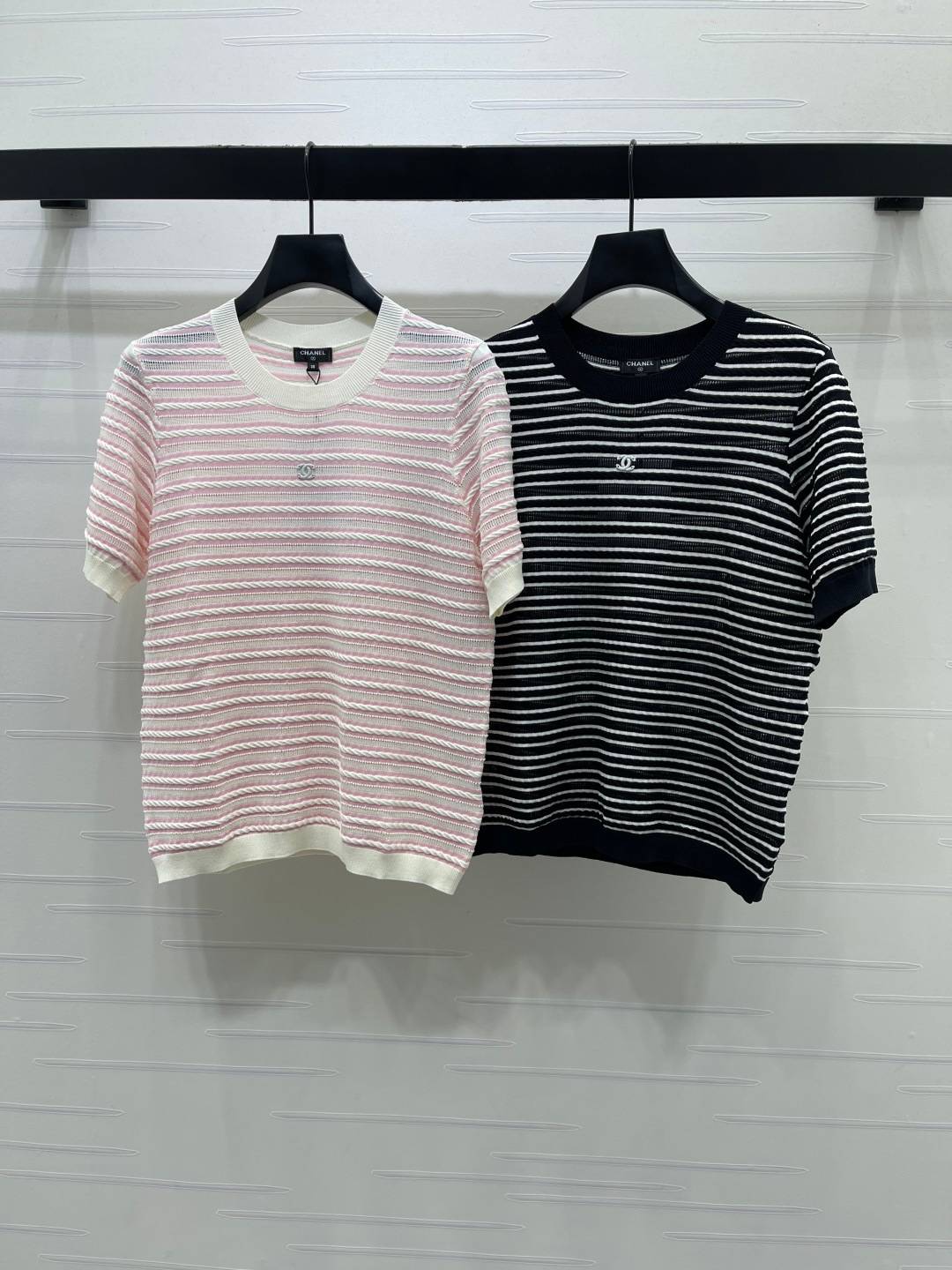 CHANEL シャネル ニットシャツ 半袖 クルーネック ピンク ブラック