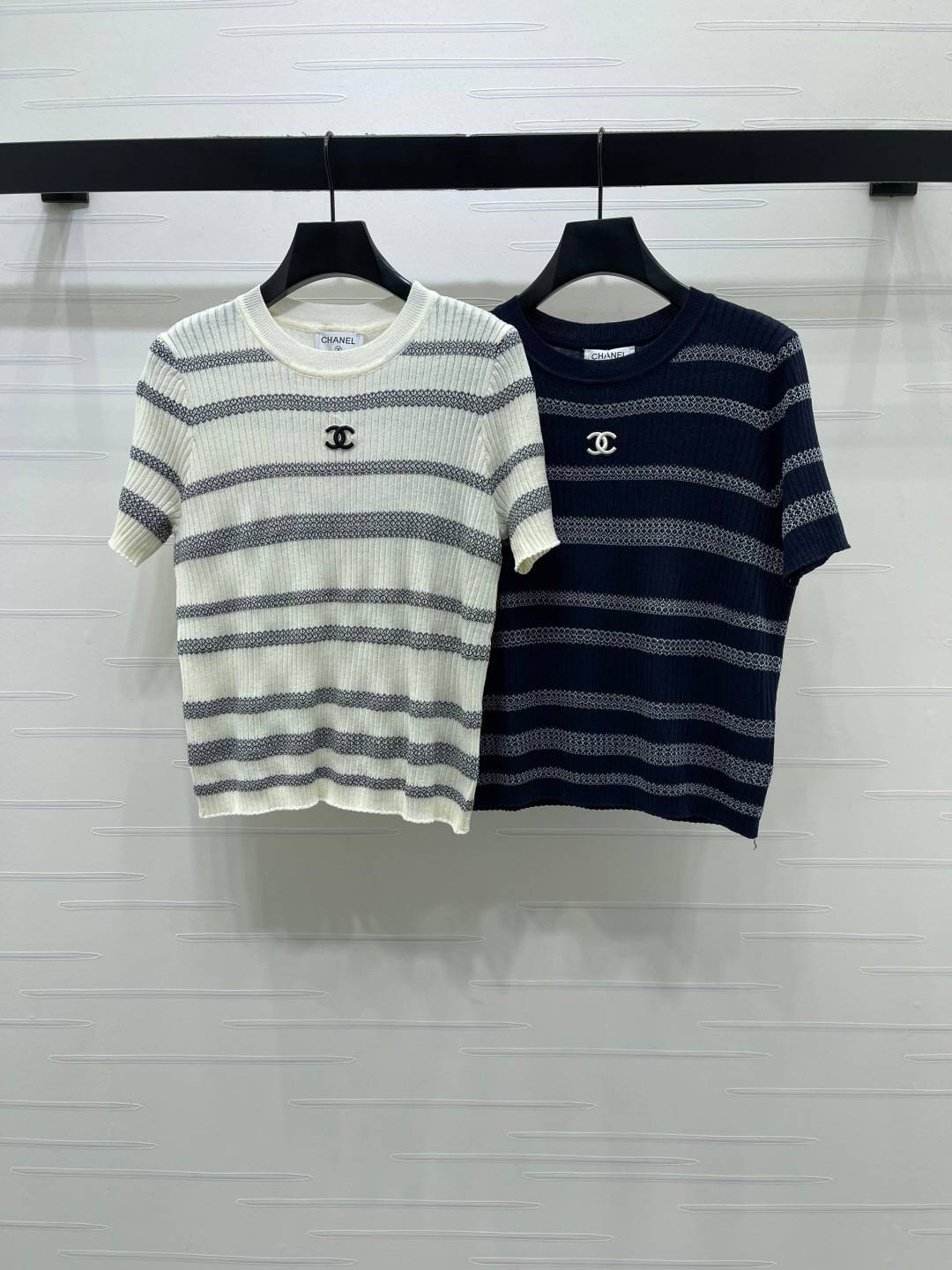 CHANEL シャネル リブニット 半袖 クルーネック 白 紺