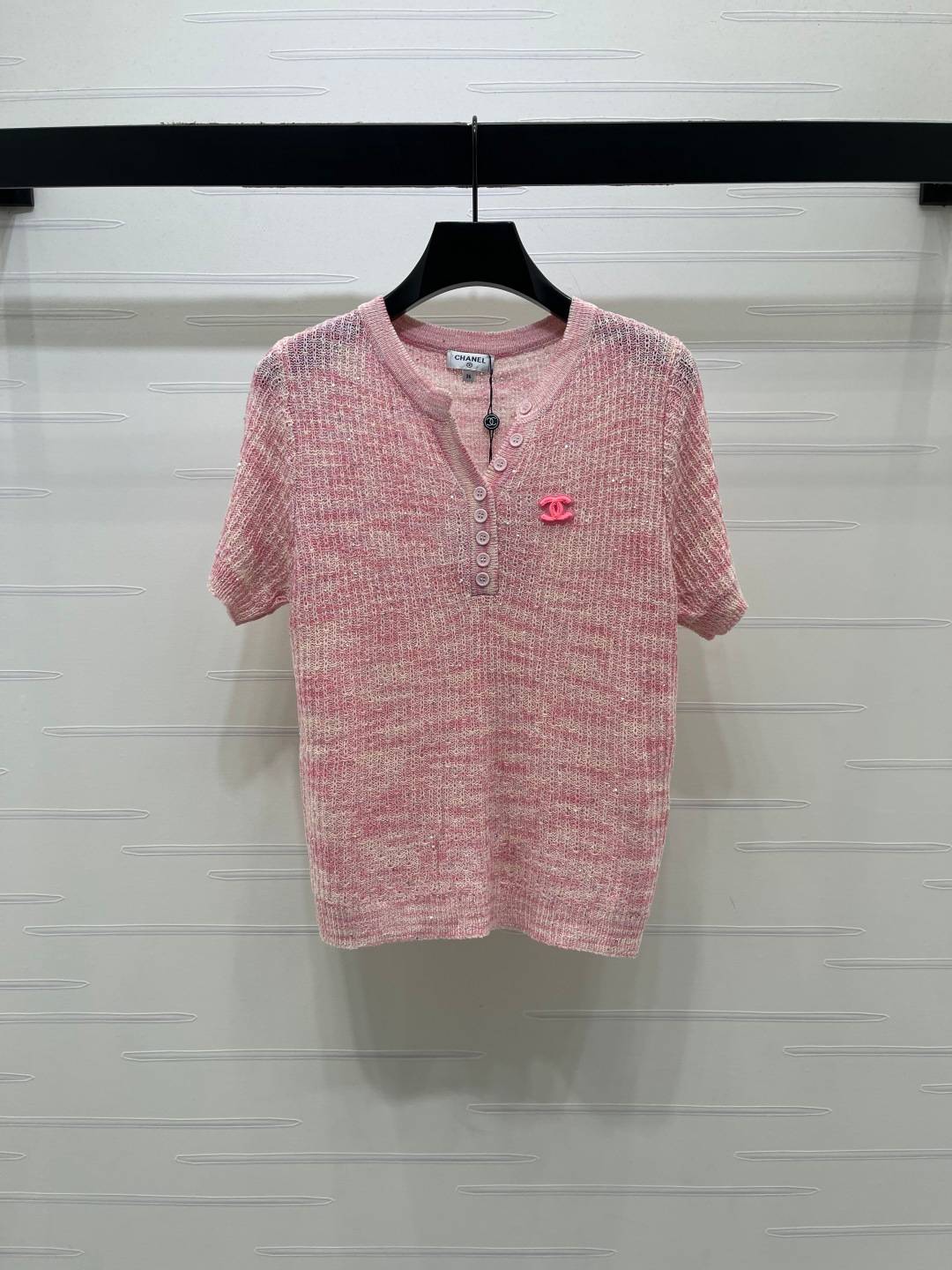 CHANEL シャネル ニットカーディガン 半袖 Vネック ピンク