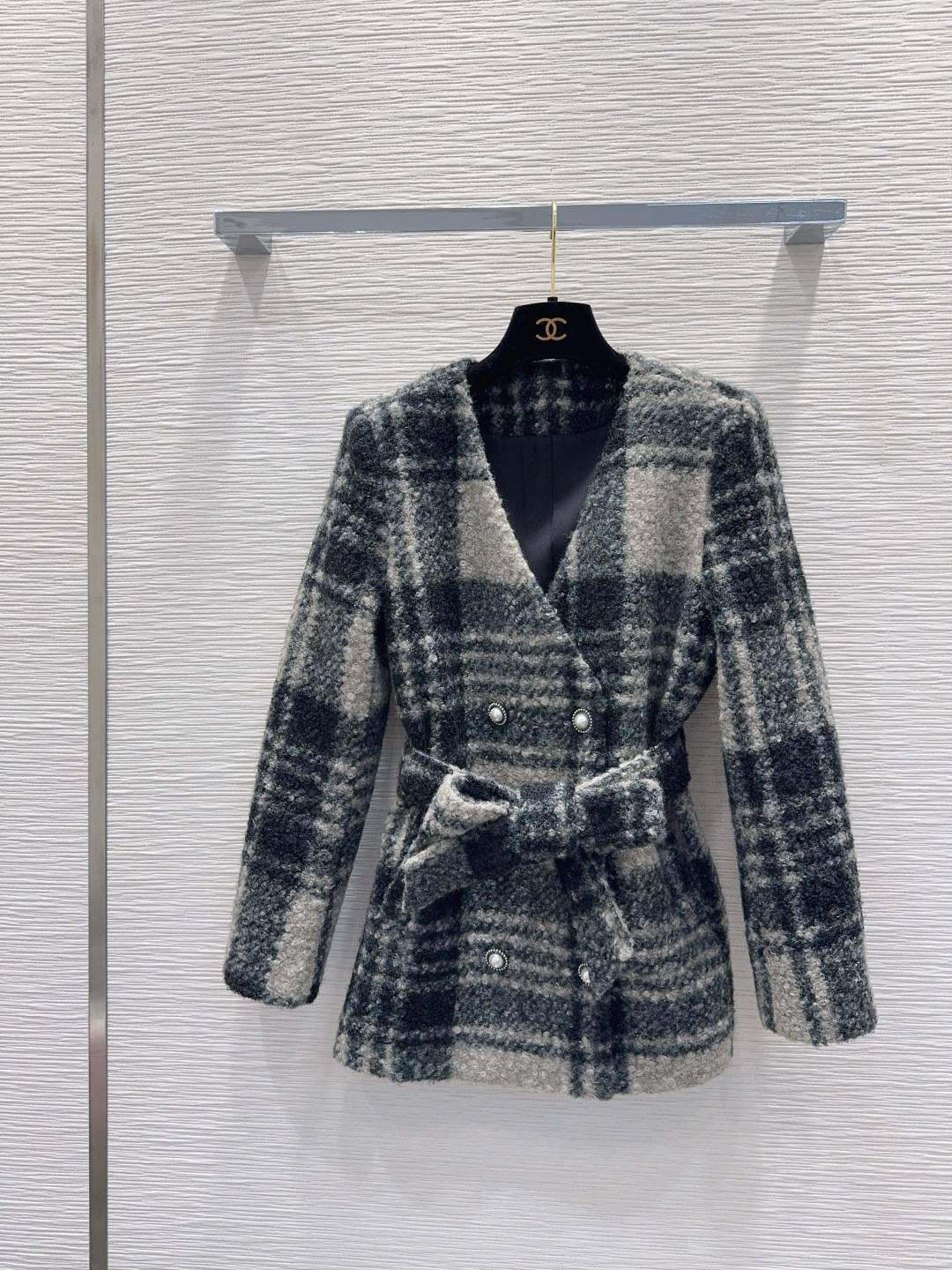 CHANEL シャネル チェーン ツイードジャケット ノーカラー ショート丈 グレー