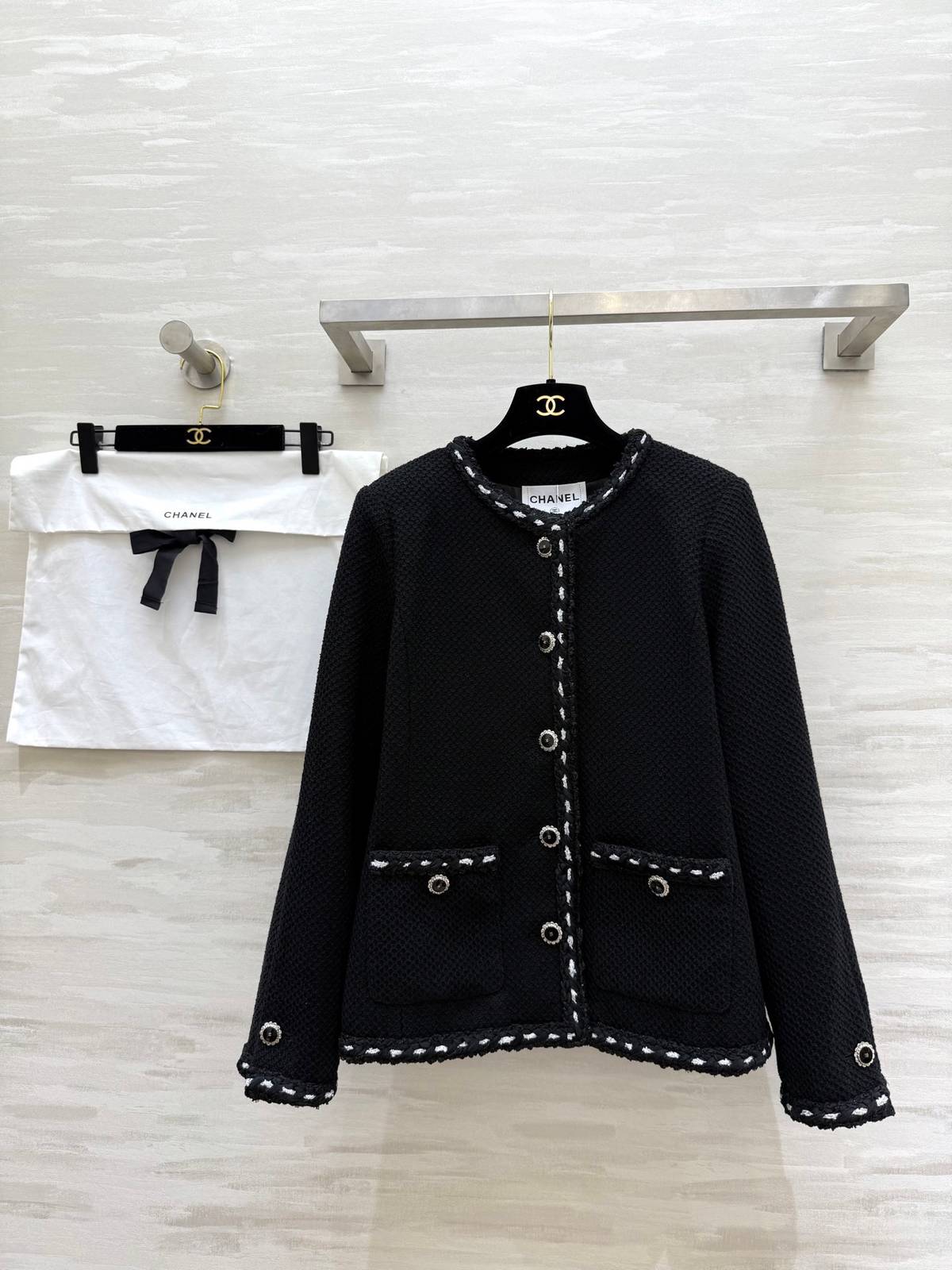 CHANEL シャネル ツイードジャケット ノーカラー ブラック