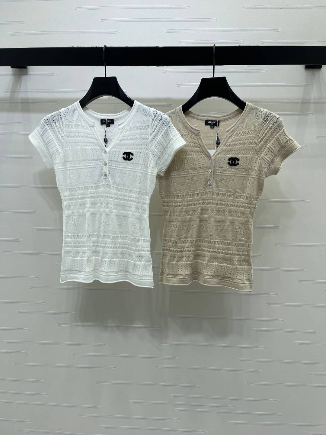 CHANEL シャネル ニットカーディガン 半袖 Vネック ホワイト ベージュ